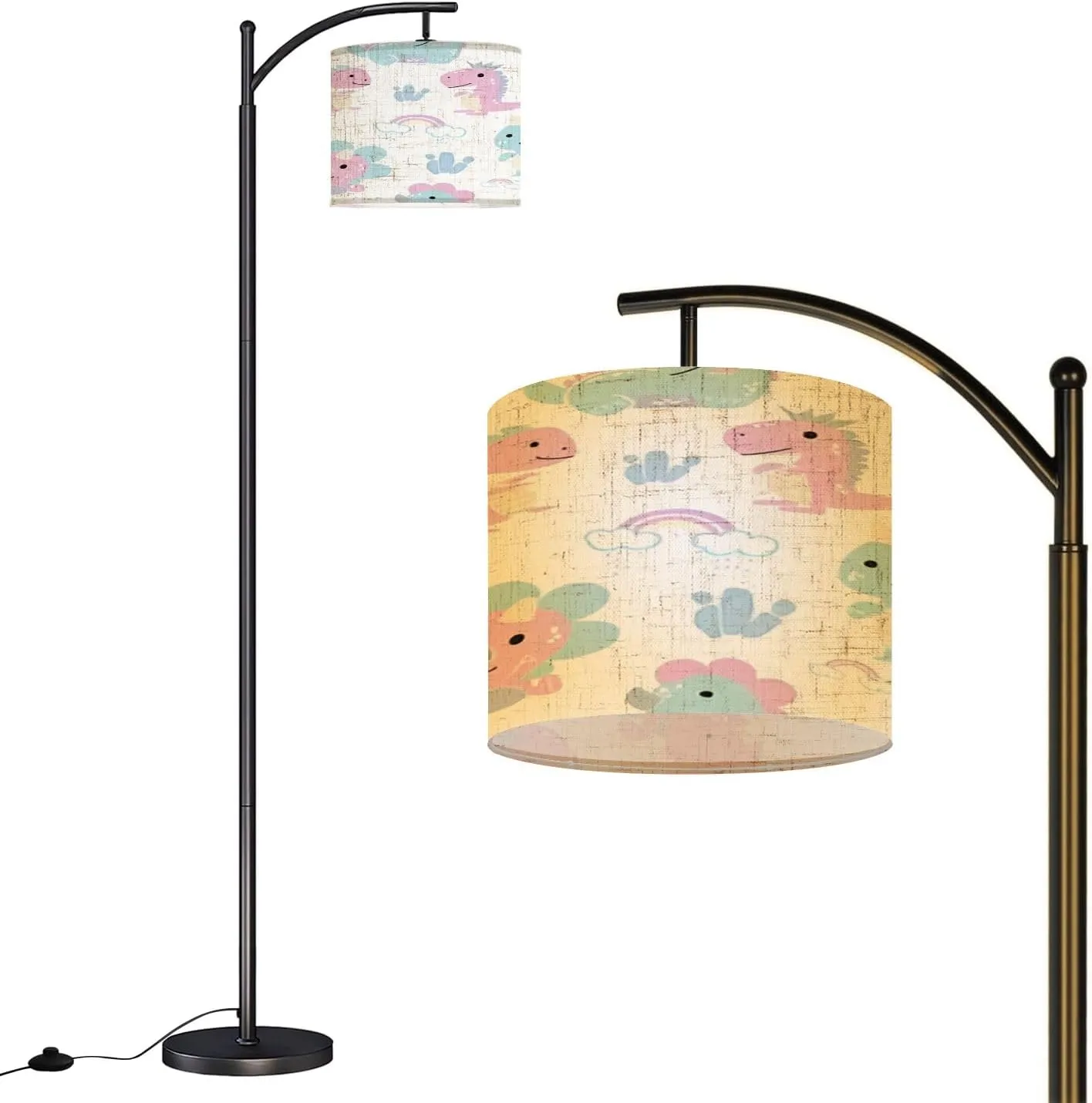 Arc Floor Lamps Seamless Pattern Cute Dinosaur White Modern LED Adjustable Lampshade Standing Light for Living Room Reading Bedroom Office