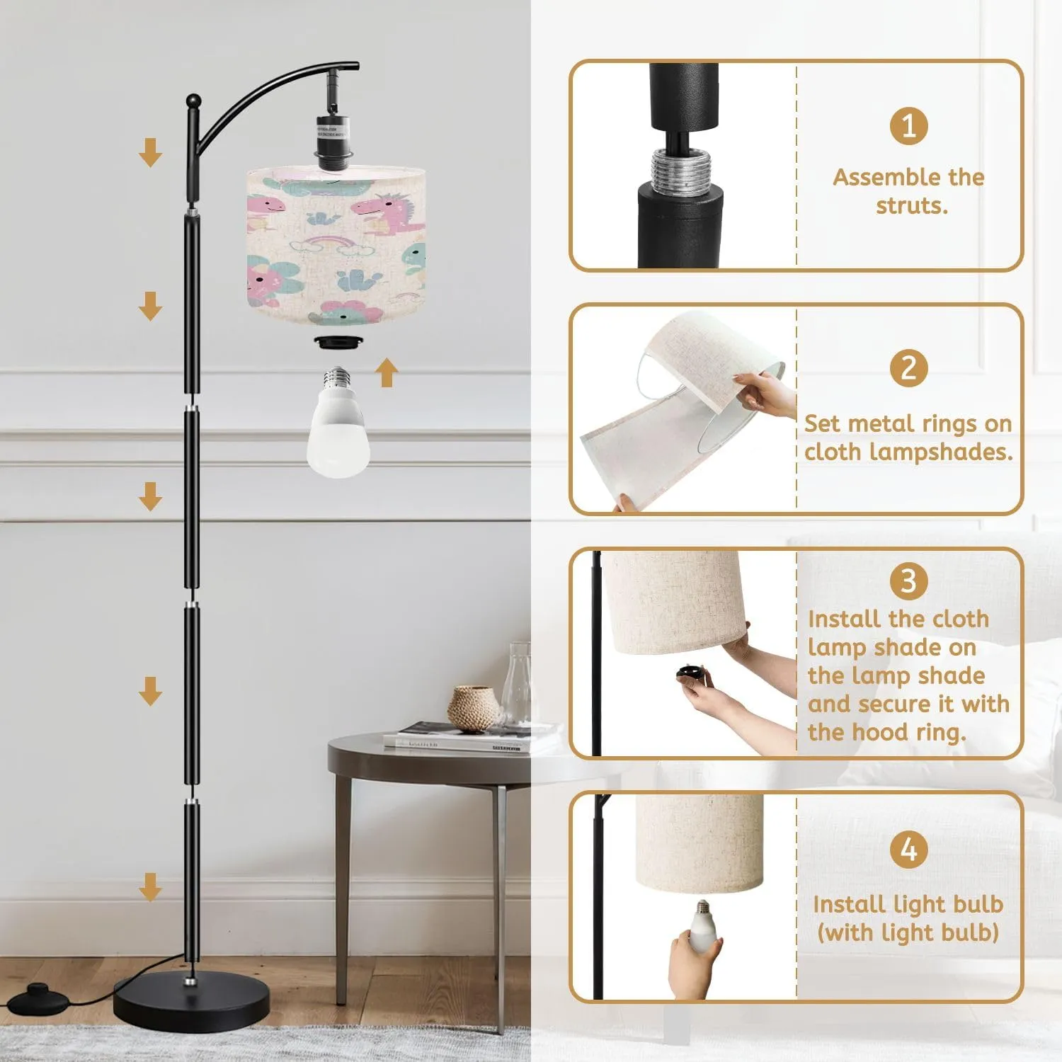 Arc Floor Lamps Seamless Pattern Cute Dinosaur White Modern LED Adjustable Lampshade Standing Light for Living Room Reading Bedroom Office