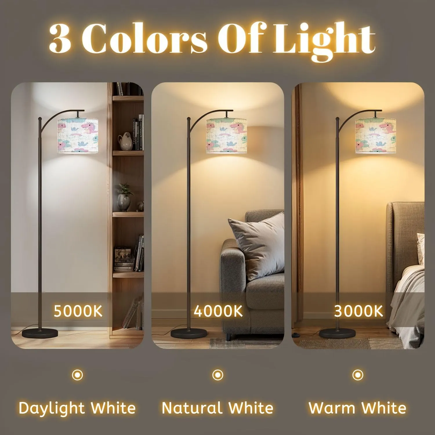 Arc Floor Lamps Seamless Pattern Cute Dinosaur White Modern LED Adjustable Lampshade Standing Light for Living Room Reading Bedroom Office