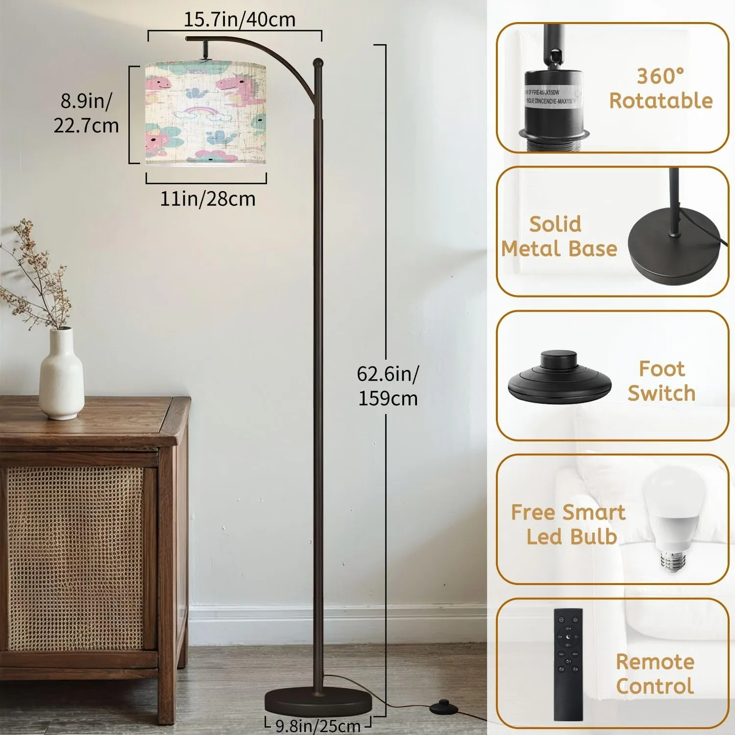 Arc Floor Lamps Seamless Pattern Cute Dinosaur White Modern LED Adjustable Lampshade Standing Light for Living Room Reading Bedroom Office