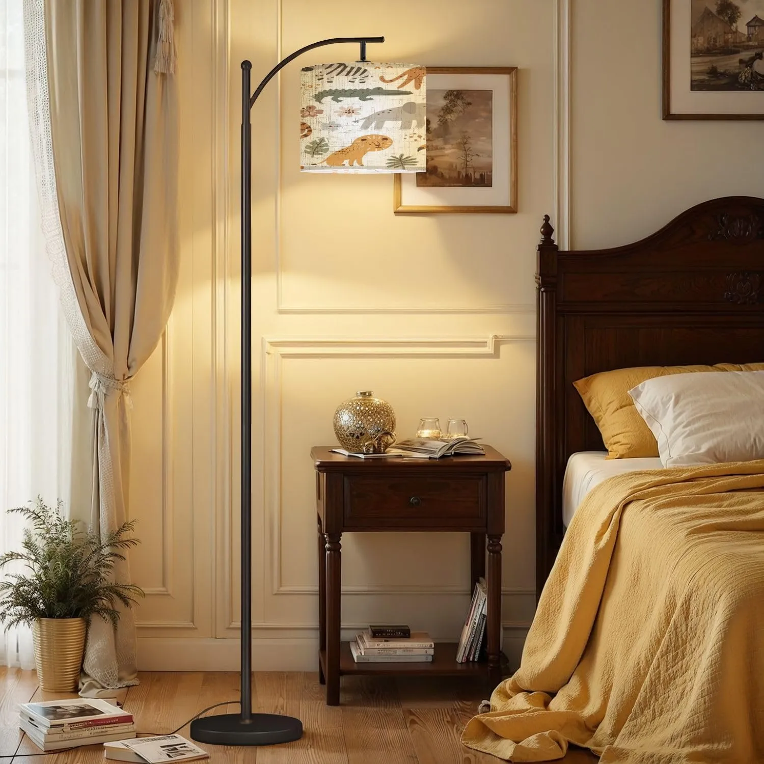 Arc Floor Lamps Seamless Pattern Cute Leopard Lion Giraffe Elephant Tiger Crocodile Modern LED Adjustable Lampshade Standing Light for Living Room Reading Bedroom Office