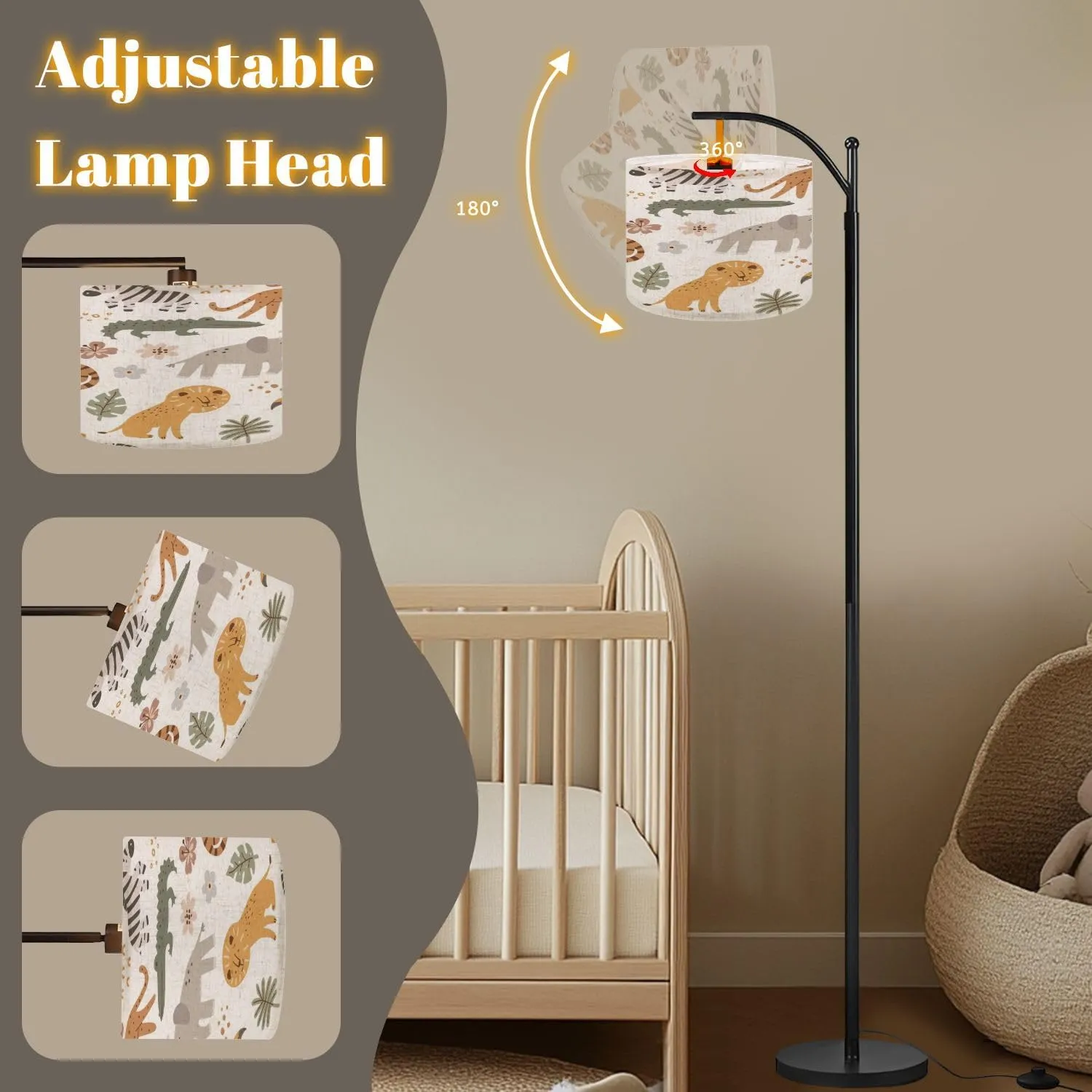 Arc Floor Lamps Seamless Pattern Cute Leopard Lion Giraffe Elephant Tiger Crocodile Modern LED Adjustable Lampshade Standing Light for Living Room Reading Bedroom Office