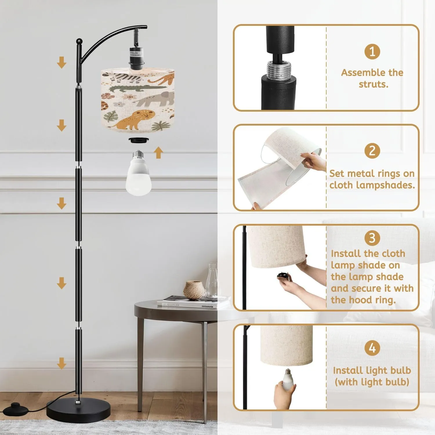 Arc Floor Lamps Seamless Pattern Cute Leopard Lion Giraffe Elephant Tiger Crocodile Modern LED Adjustable Lampshade Standing Light for Living Room Reading Bedroom Office