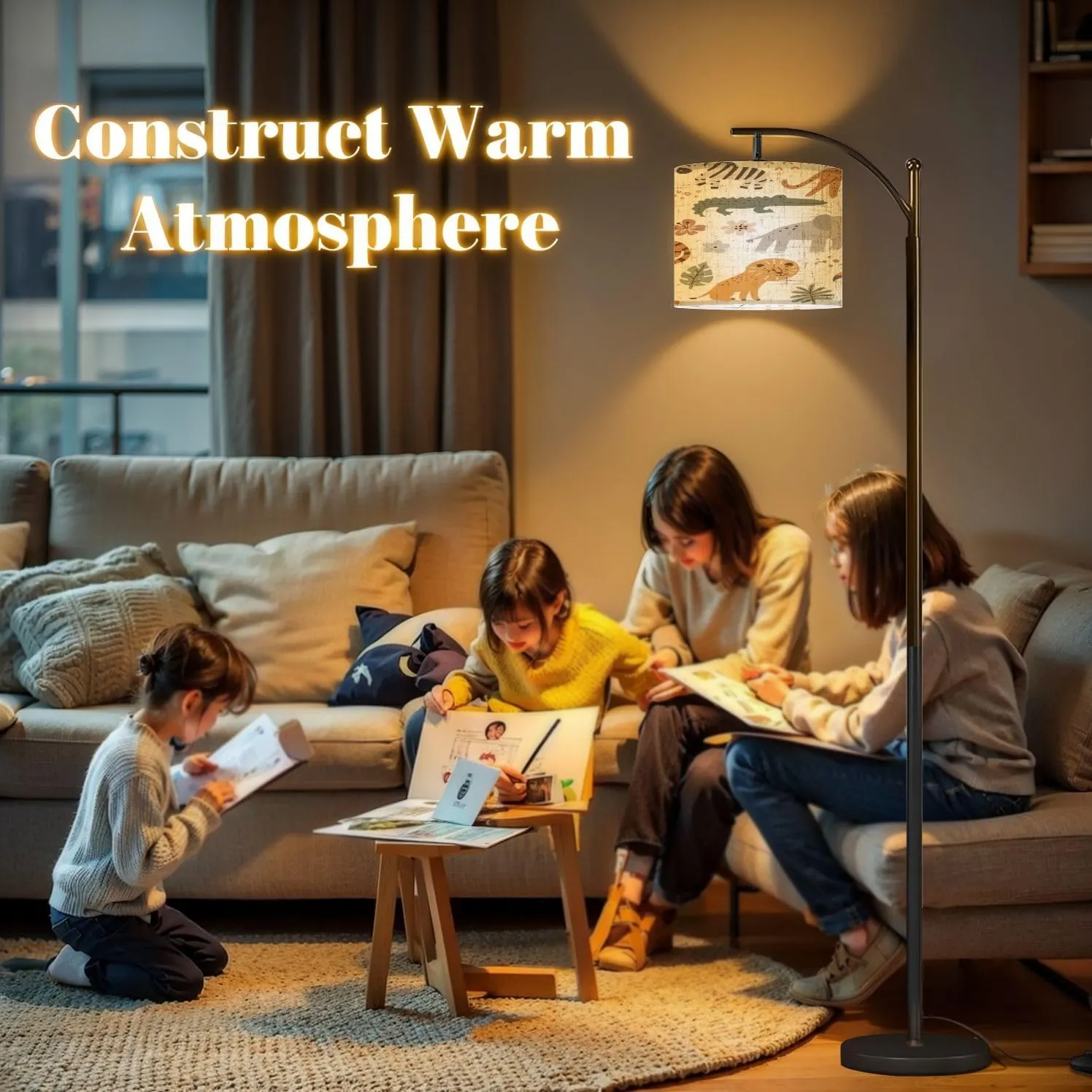Arc Floor Lamps Seamless Pattern Cute Leopard Lion Giraffe Elephant Tiger Crocodile Modern LED Adjustable Lampshade Standing Light for Living Room Reading Bedroom Office