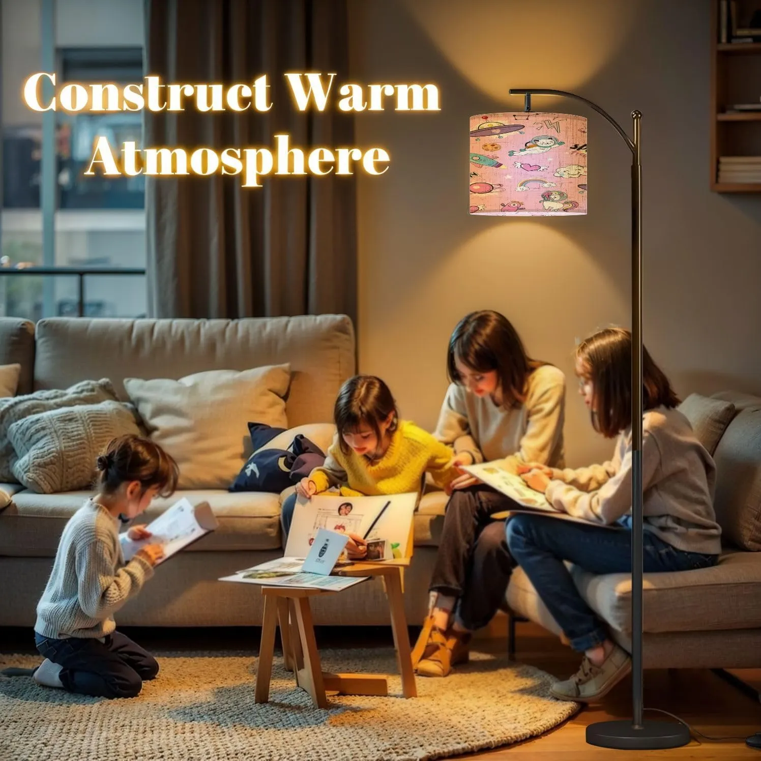 Arc Floor Lamps Space Objects Space Animals Seamless Pattern Pink Modern LED Adjustable Lampshade Standing Light for Living Room Reading Bedroom Office
