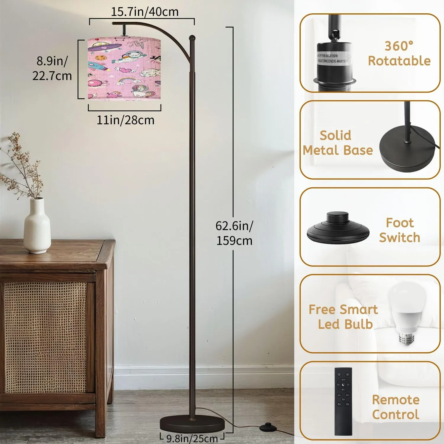 Arc Floor Lamps Space Objects Space Animals Seamless Pattern Pink Modern LED Adjustable Lampshade Standing Light for Living Room Reading Bedroom Office