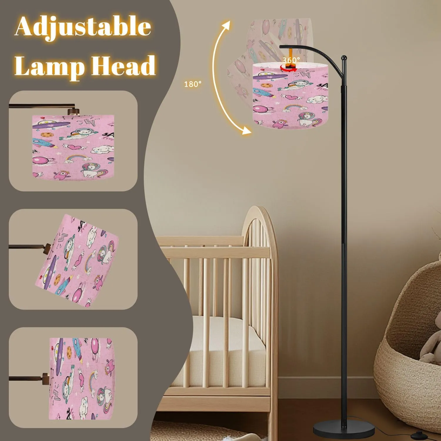 Arc Floor Lamps Space Objects Space Animals Seamless Pattern Pink Modern LED Adjustable Lampshade Standing Light for Living Room Reading Bedroom Office