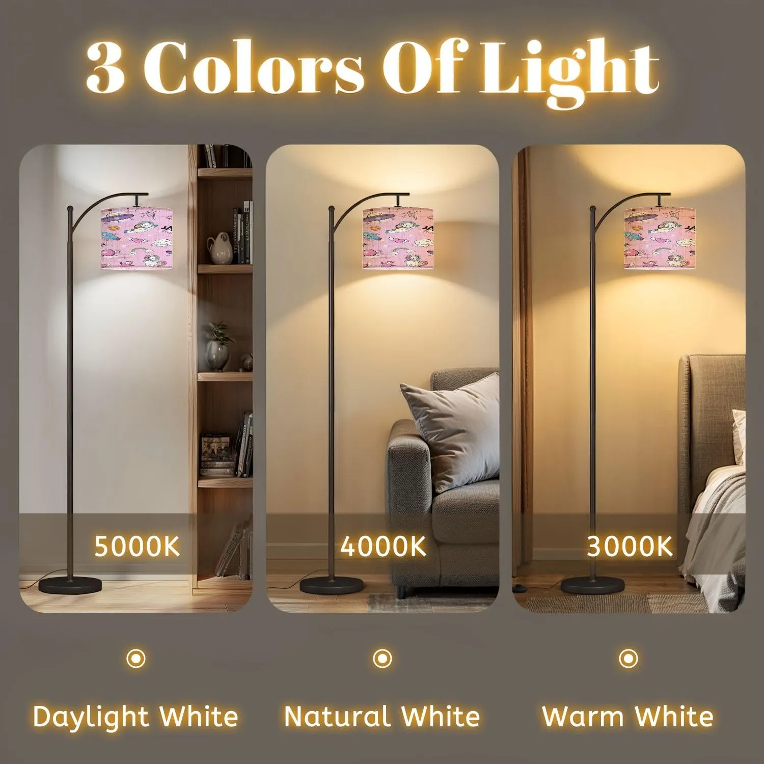 Arc Floor Lamps Space Objects Space Animals Seamless Pattern Pink Modern LED Adjustable Lampshade Standing Light for Living Room Reading Bedroom Office