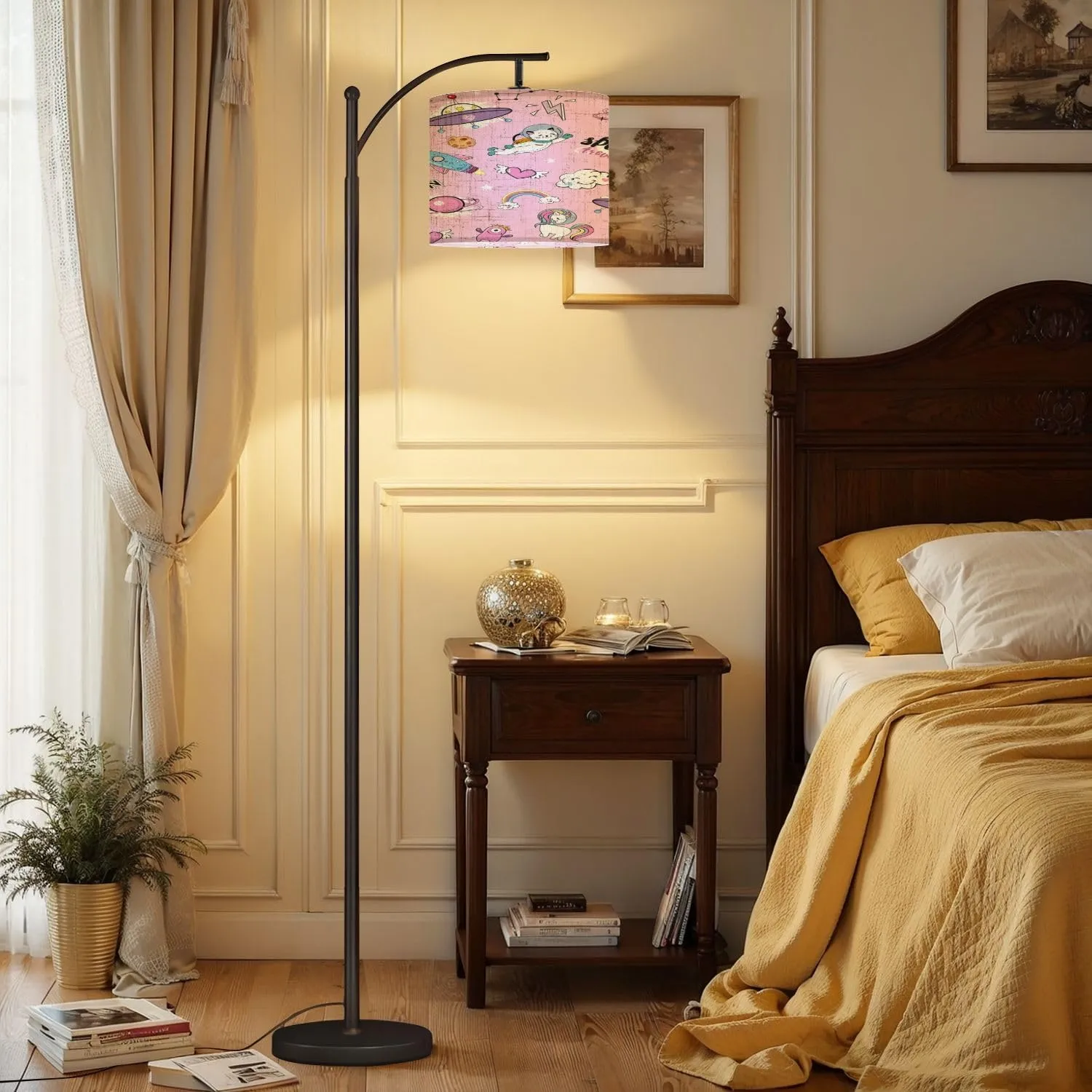 Arc Floor Lamps Space Objects Space Animals Seamless Pattern Pink Modern LED Adjustable Lampshade Standing Light for Living Room Reading Bedroom Office