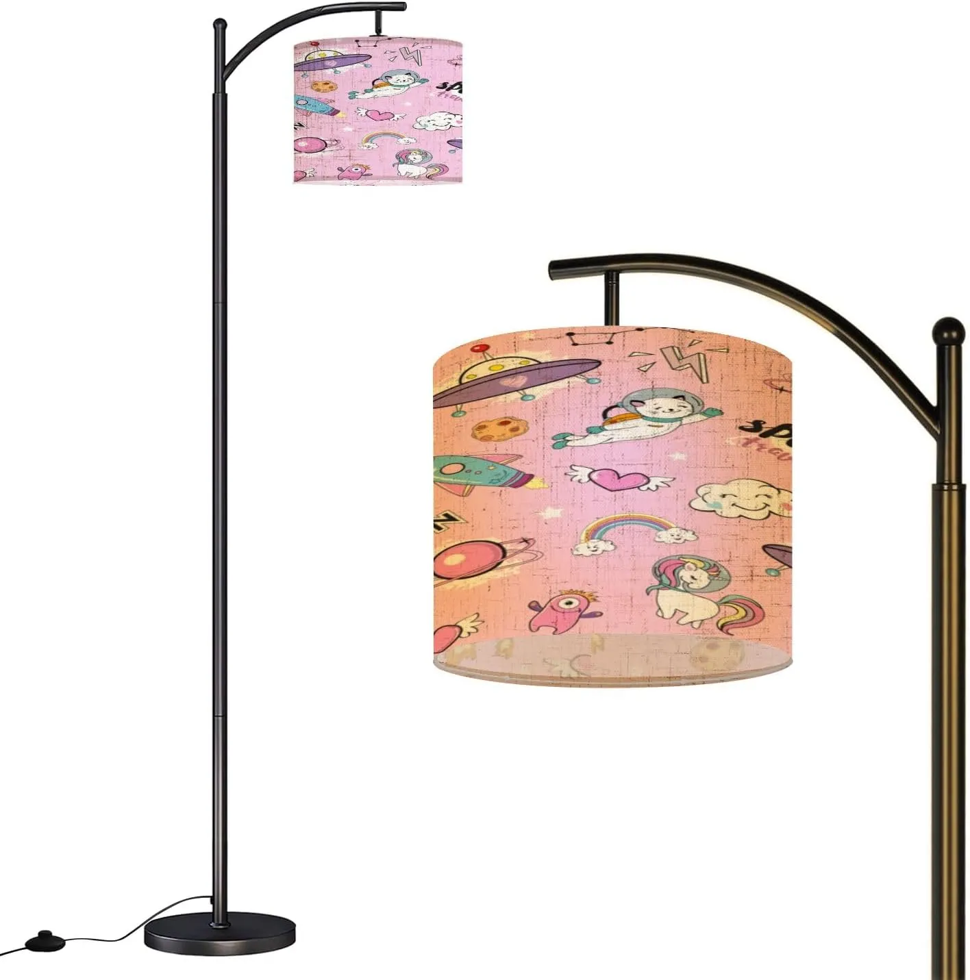 Arc Floor Lamps Space Objects Space Animals Seamless Pattern Pink Modern LED Adjustable Lampshade Standing Light for Living Room Reading Bedroom Office