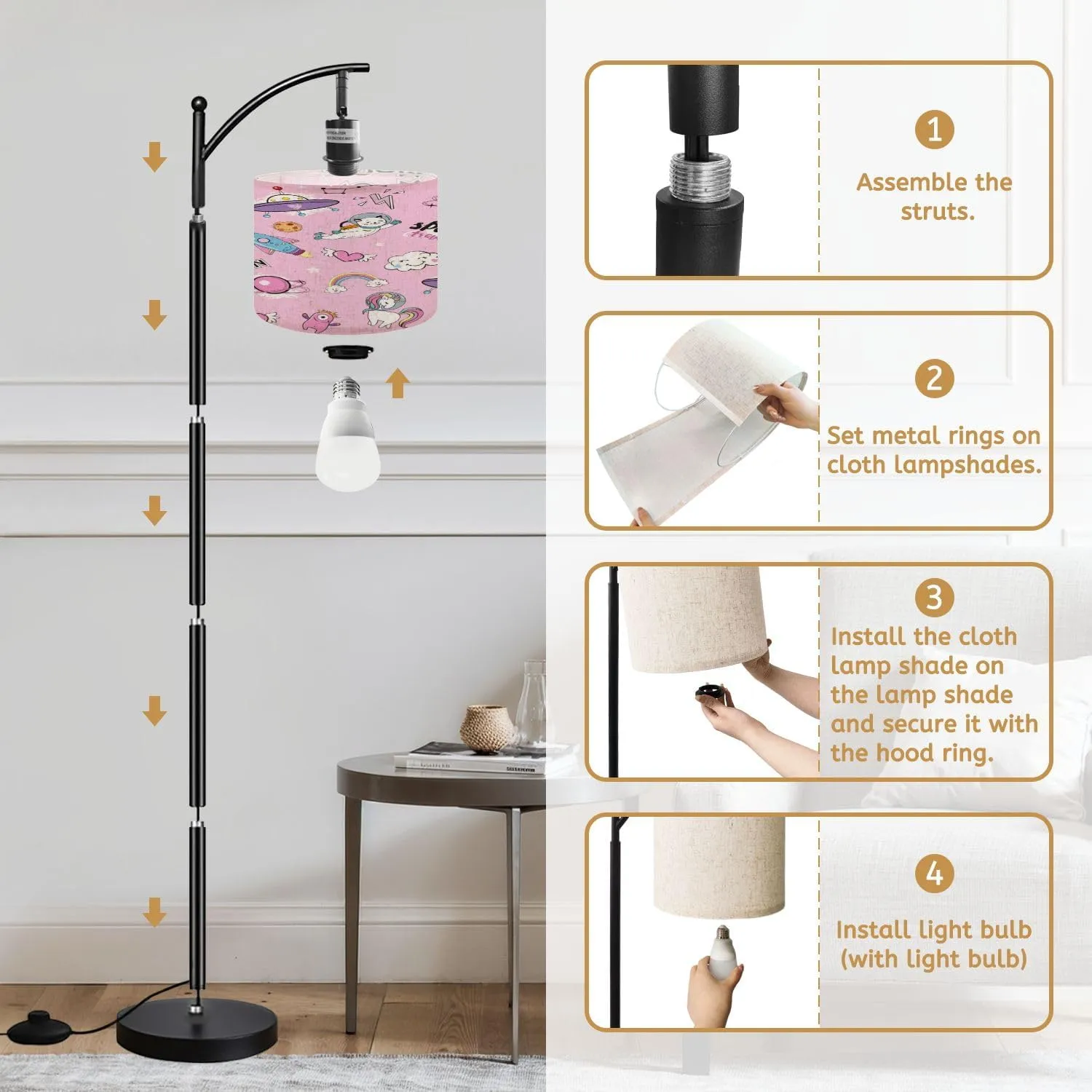 Arc Floor Lamps Space Objects Space Animals Seamless Pattern Pink Modern LED Adjustable Lampshade Standing Light for Living Room Reading Bedroom Office