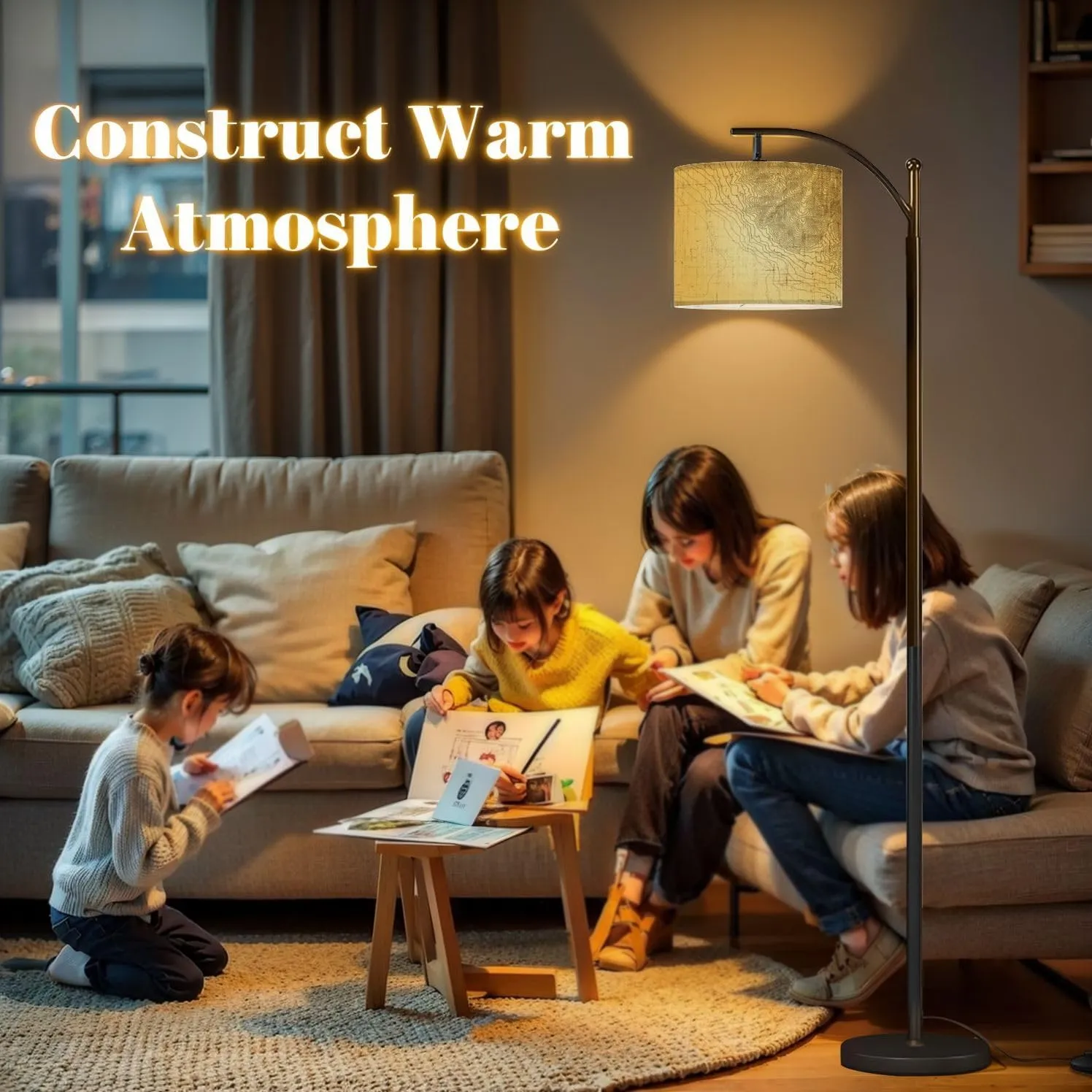 Arc Floor Lamps Topographic Map Abstract Modern LED Adjustable Lampshade Standing Light for Living Room Reading Bedroom Office