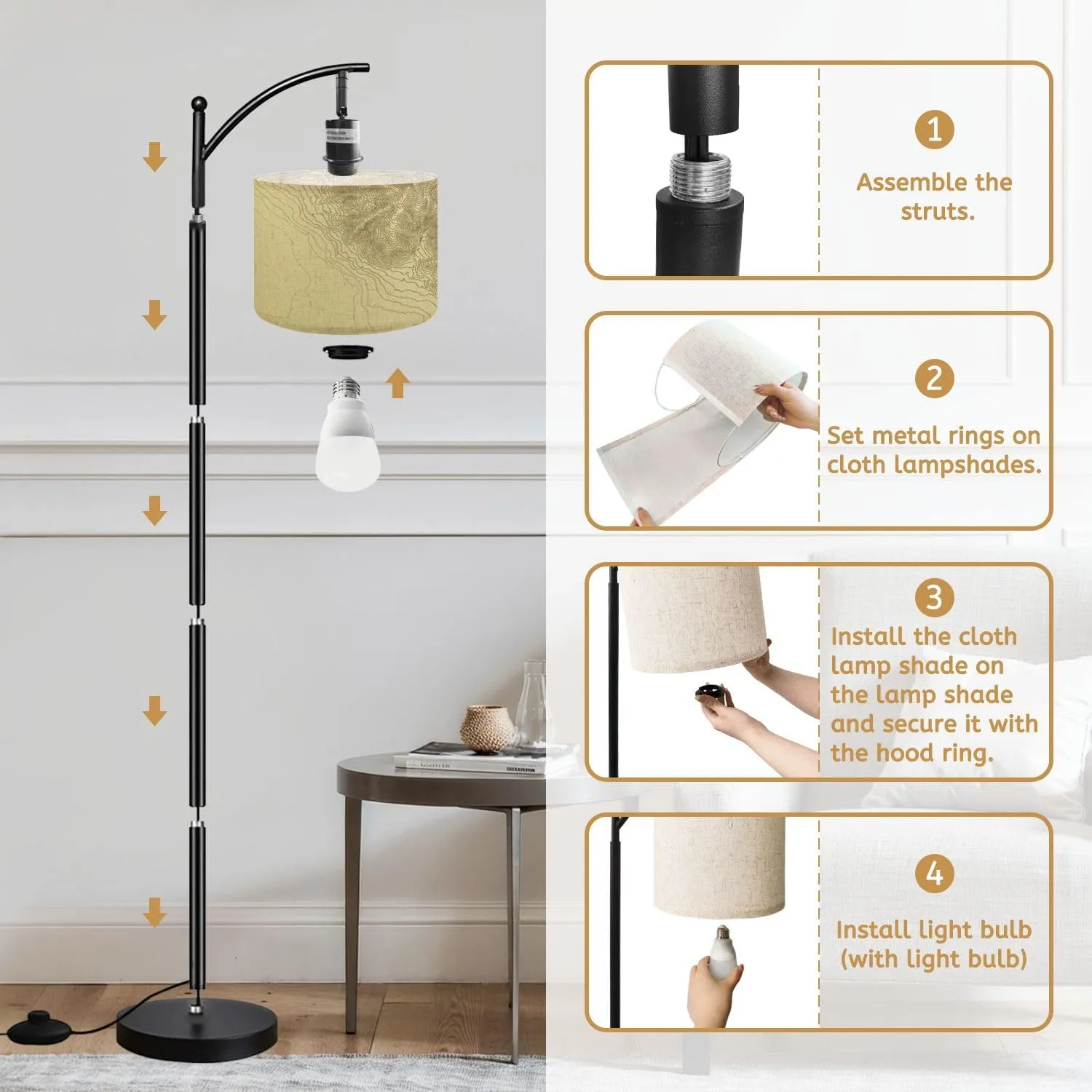 Arc Floor Lamps Topographic Map Abstract Modern LED Adjustable Lampshade Standing Light for Living Room Reading Bedroom Office