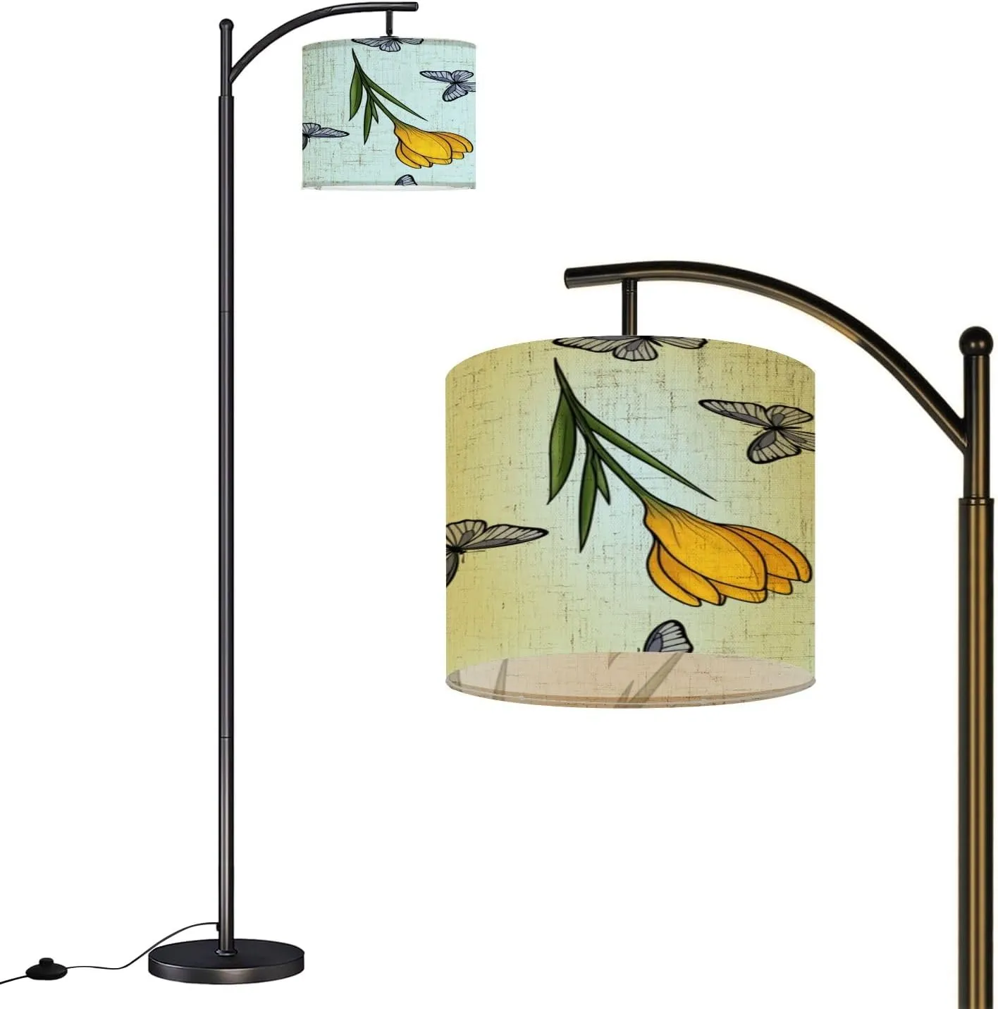 Arc Floor Lamps Yellow Crocuses Butterflies Seamless Pattern Blue for Prints Textiles Modern LED Adjustable Lampshade Standing Light for Living Room Reading Bedroom Office