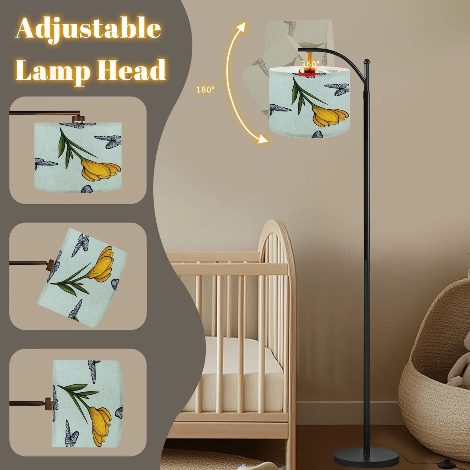 Arc Floor Lamps Yellow Crocuses Butterflies Seamless Pattern Blue for Prints Textiles Modern LED Adjustable Lampshade Standing Light for Living Room Reading Bedroom Office