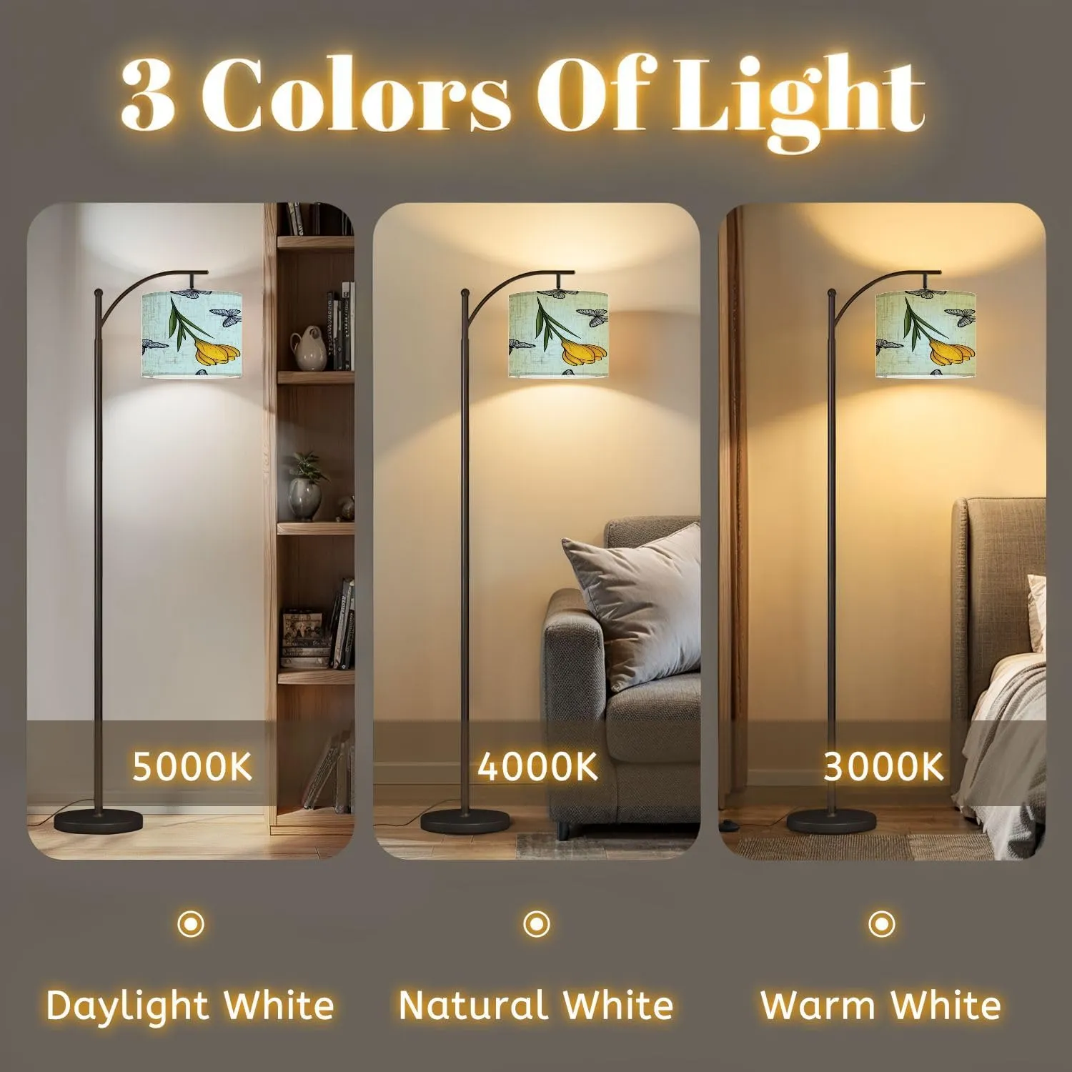 Arc Floor Lamps Yellow Crocuses Butterflies Seamless Pattern Blue for Prints Textiles Modern LED Adjustable Lampshade Standing Light for Living Room Reading Bedroom Office