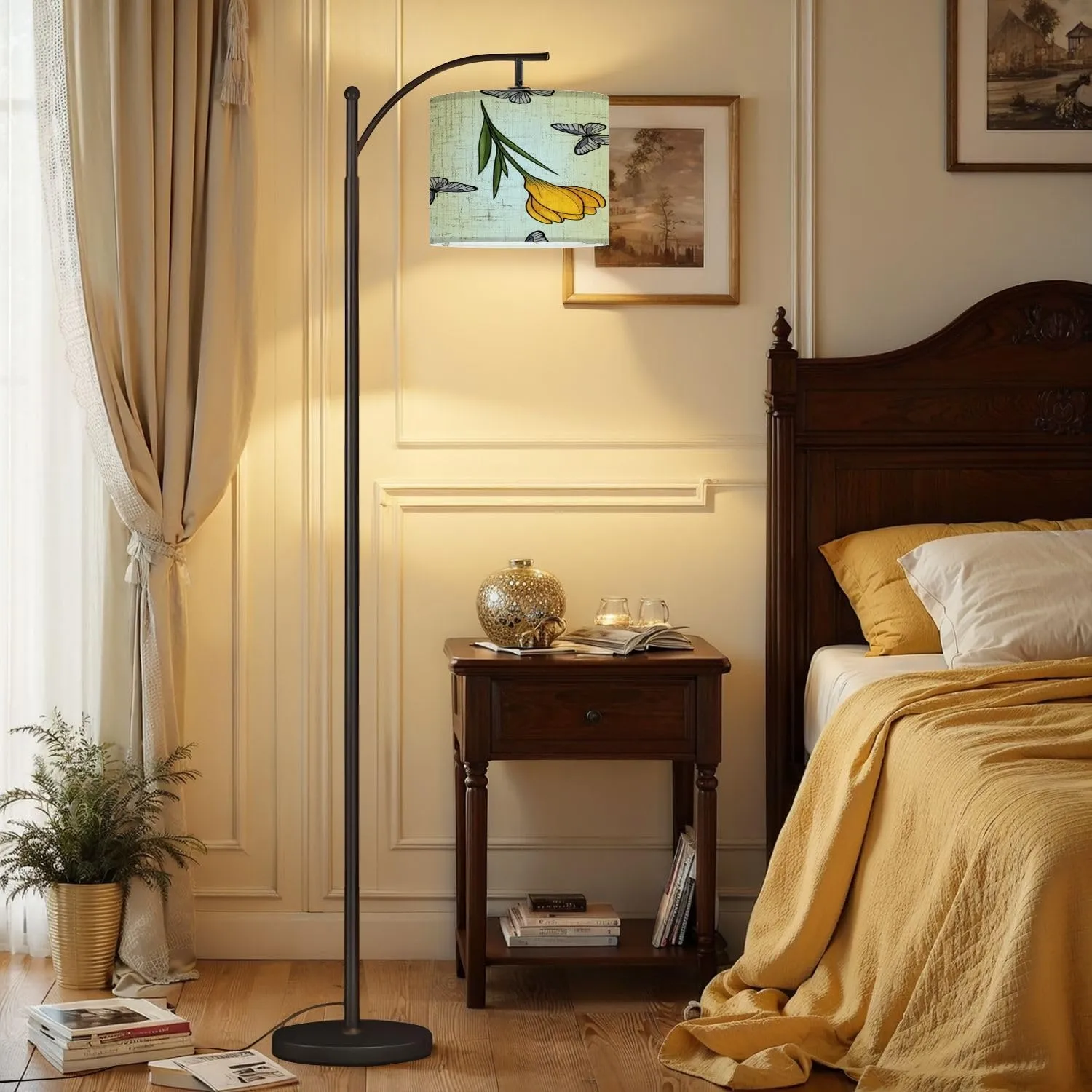 Arc Floor Lamps Yellow Crocuses Butterflies Seamless Pattern Blue for Prints Textiles Modern LED Adjustable Lampshade Standing Light for Living Room Reading Bedroom Office
