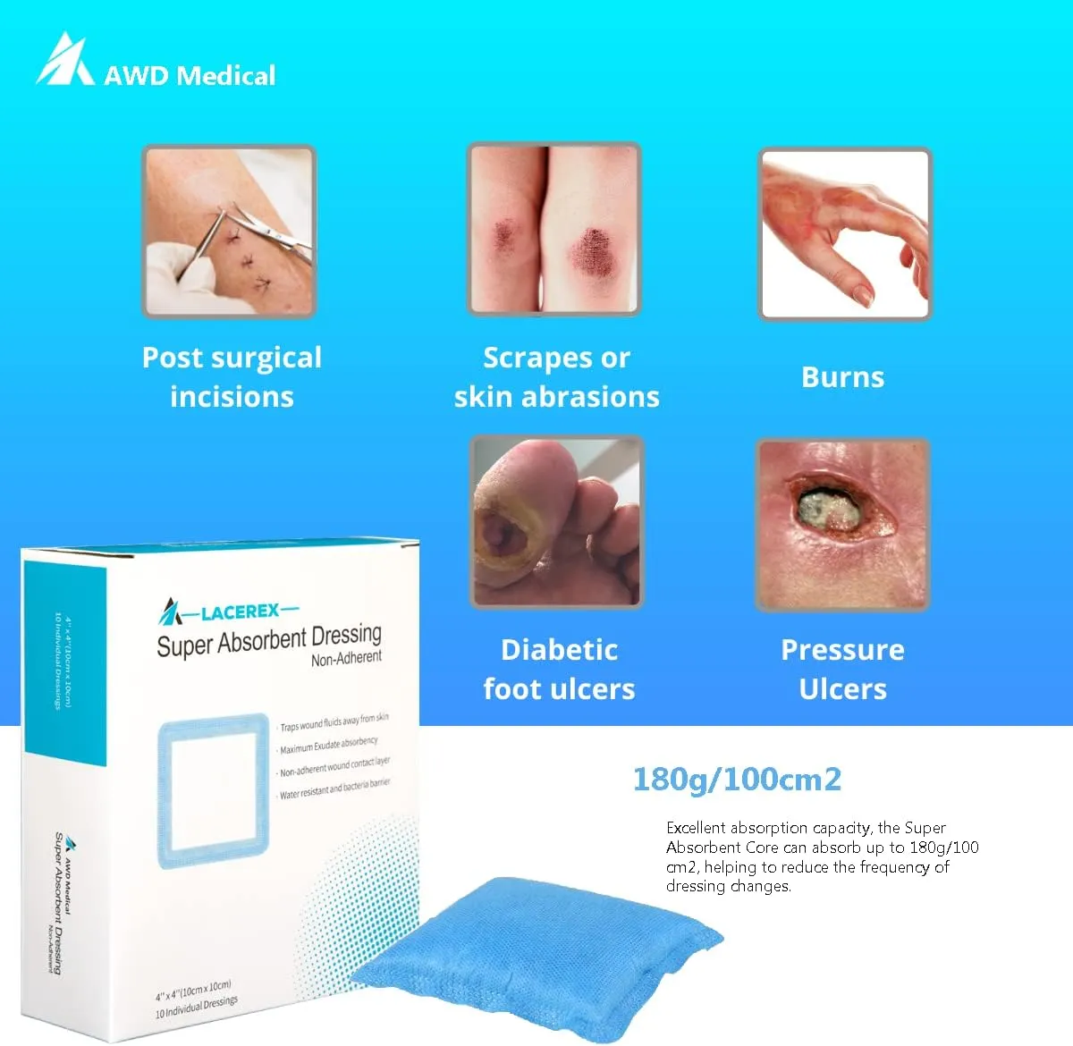 AWD Super Absorbent Wound Non Stick Gauze Pads - Non-Adhesive Bandages for Wounds - 4x4 Gauze Pads, Large Bandages for 1st and 2nd Degree Burns - Wound Care Products, Box of 10 (4"x4")