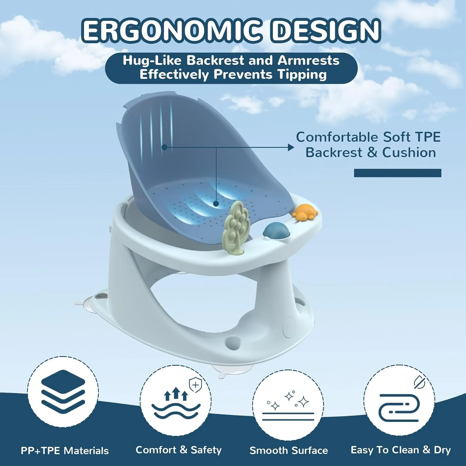 Baby Bath Seat: Infant Bath Seats for Babies Sitting Up - Toddler Bath Seat for Babies 6 Months & Up Baby Bathtub Seat with Non-Slip Suction Cups Baby Bath Tub Chair for Shower, Blue