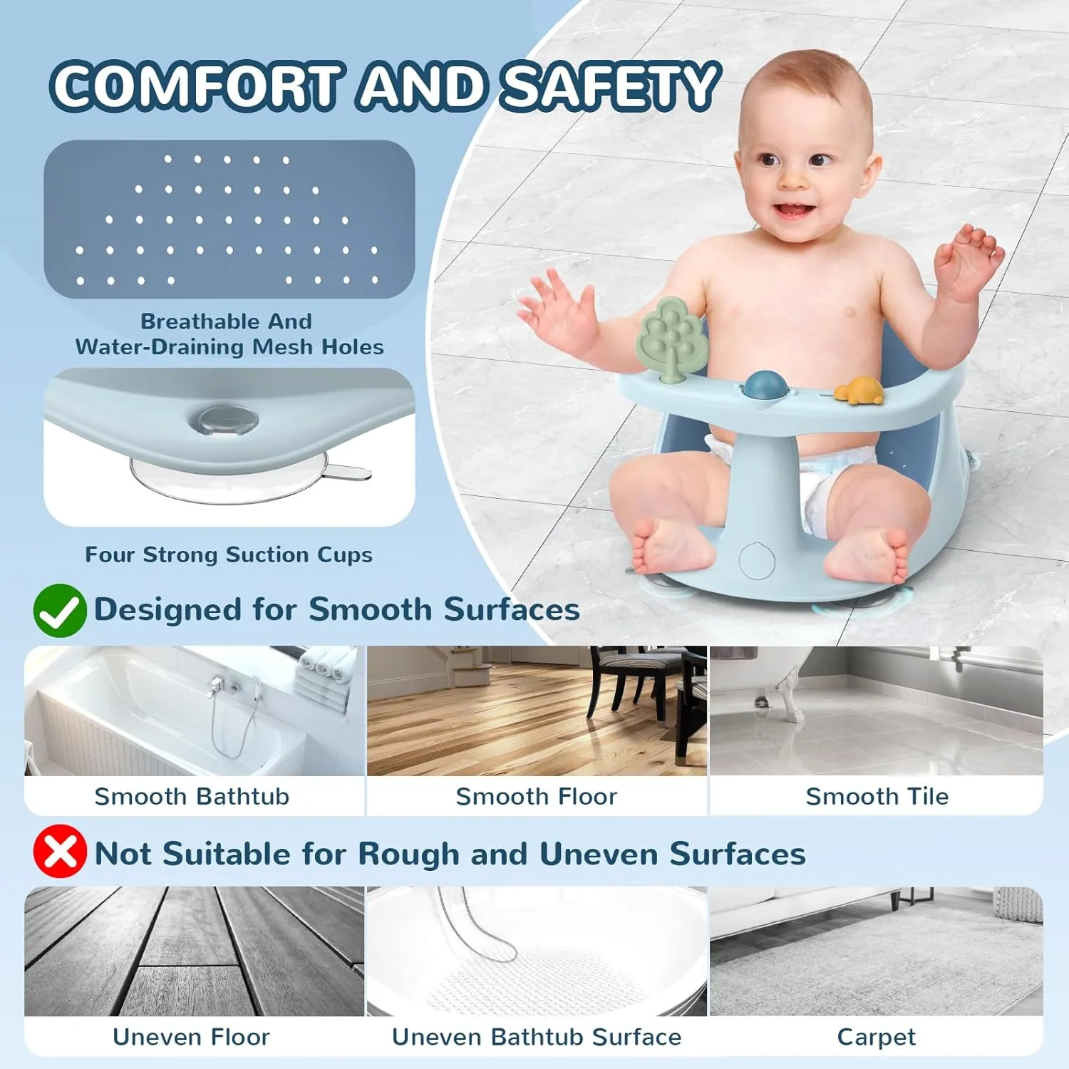 Baby Bath Seat: Infant Bath Seats for Babies Sitting Up - Toddler Bath Seat for Babies 6 Months & Up Baby Bathtub Seat with Non-Slip Suction Cups Baby Bath Tub Chair for Shower, Blue