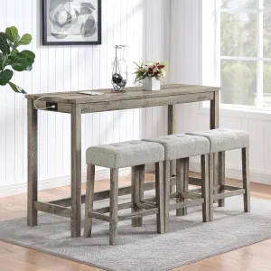 Ball & Cast 4 Piece Industrial Wooden Kitchen Island Table Chairs Sets w/Charging Station, 3pcs Upholstered Backless Counter Stools & 59" Bar-Table Built-in Electrical Outlets and 2 USB Ports,Brown