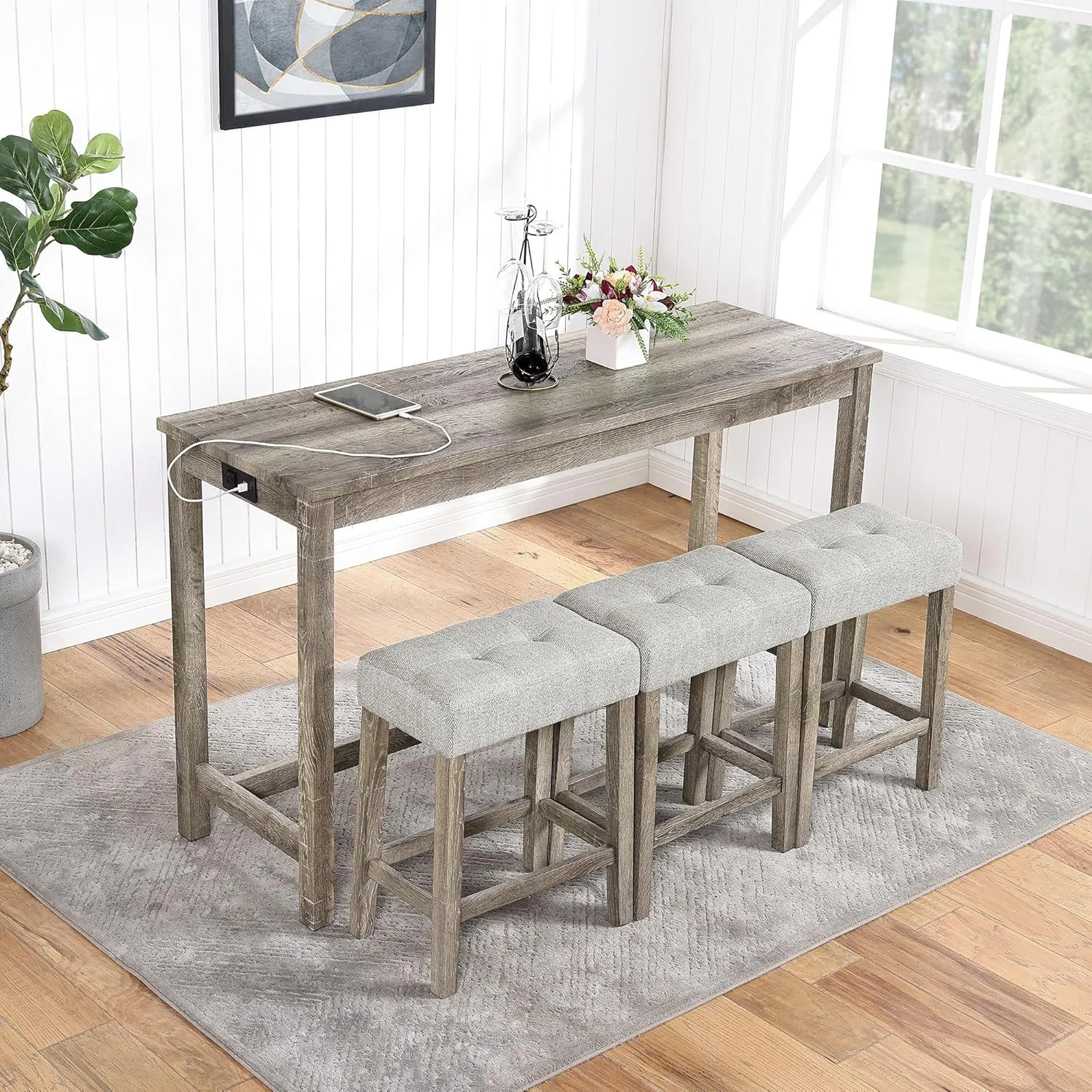 Ball & Cast 4 Piece Industrial Wooden Kitchen Island Table Chairs Sets w/Charging Station, 3pcs Upholstered Backless Counter Stools & 59" Bar-Table Built-in Electrical Outlets and 2 USB Ports,Brown
