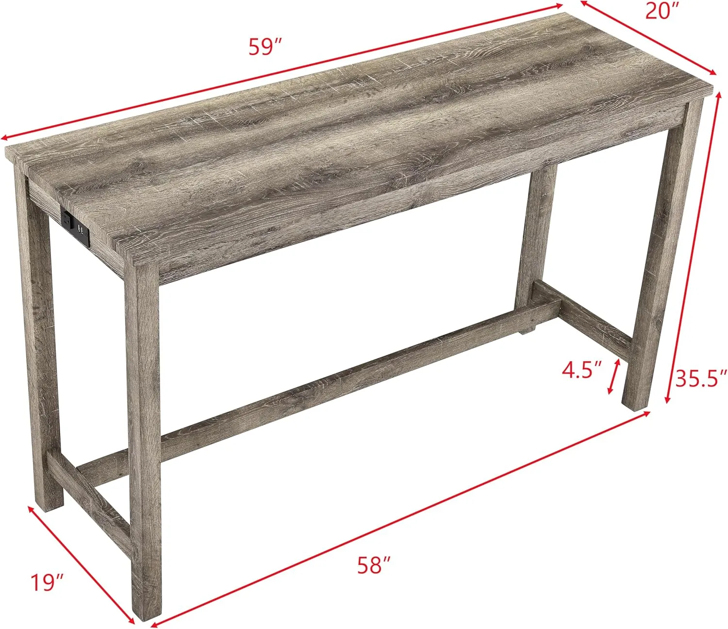 Ball & Cast 4 Piece Industrial Wooden Kitchen Island Table Chairs Sets w/Charging Station, 3pcs Upholstered Backless Counter Stools & 59" Bar-Table Built-in Electrical Outlets and 2 USB Ports,Brown
