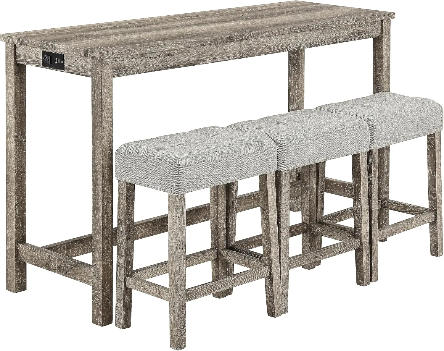 Ball & Cast 4 Piece Industrial Wooden Kitchen Island Table Chairs Sets w/Charging Station, 3pcs Upholstered Backless Counter Stools & 59" Bar-Table Built-in Electrical Outlets and 2 USB Ports,Brown