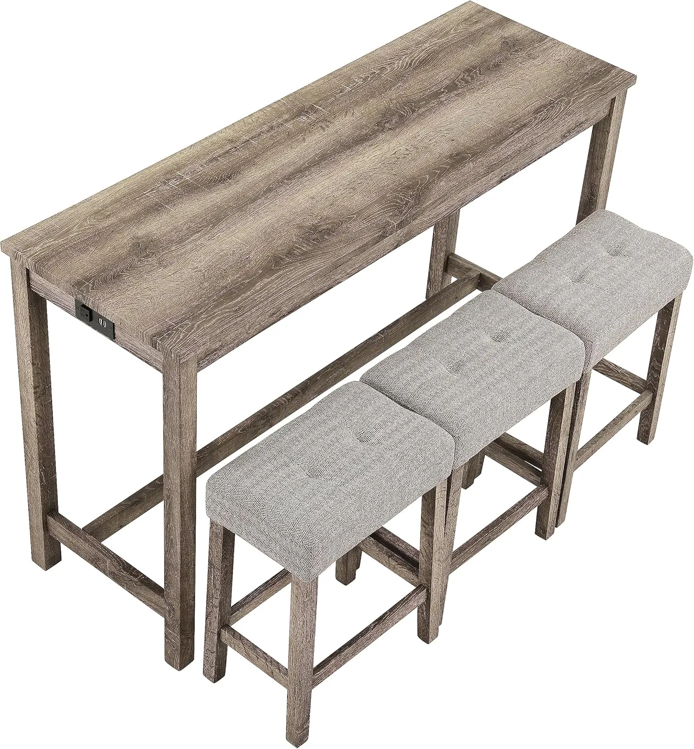 Ball & Cast 4 Piece Industrial Wooden Kitchen Island Table Chairs Sets w/Charging Station, 3pcs Upholstered Backless Counter Stools & 59" Bar-Table Built-in Electrical Outlets and 2 USB Ports,Brown