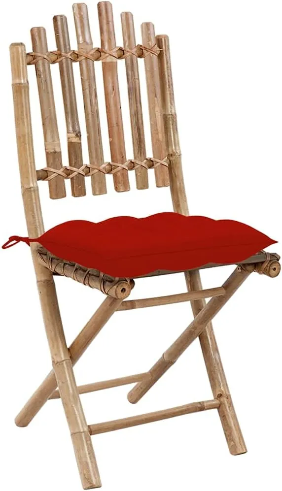 Bamboo Folding Patio Chairs Set of 2 with Red Cushions Foldable Outdoor Furniture for Garden Patio Beach Camping Lounging and Dining