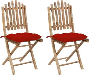 Bamboo Folding Patio Chairs Set of 2 with Red Cushions Foldable Outdoor Furniture for Garden Patio Beach Camping Lounging and Dining