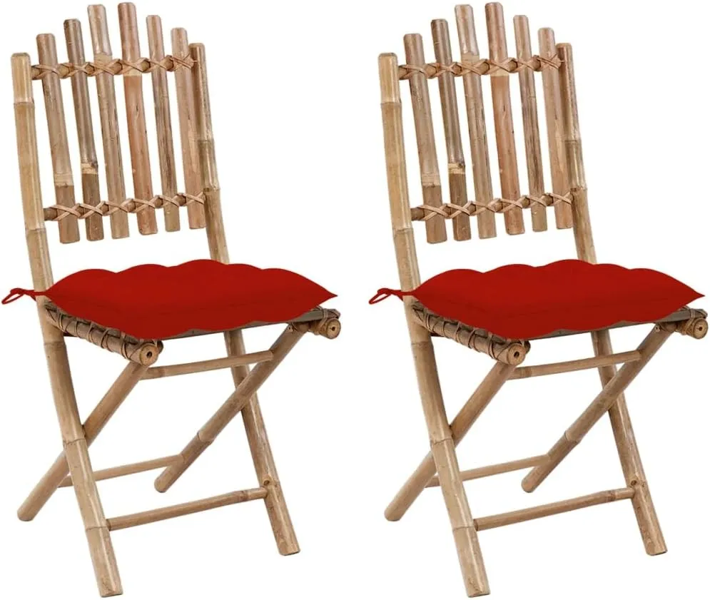 Bamboo Folding Patio Chairs Set of 2 with Red Cushions Foldable Outdoor Furniture for Garden Patio Beach Camping Lounging and Dining