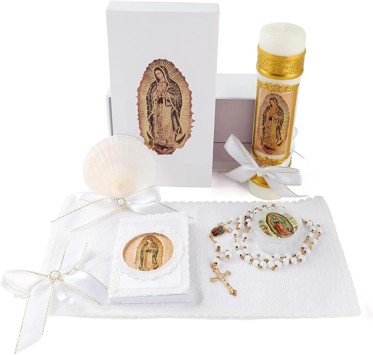 Baptism Candle Set for Boys and Girls,5 PCS Baptism Kit Virgen De Guadalupe Catholic Candle,Towel,Shell,Rosary,Bible for Baptismal Christening First Communion Gift,Velas para Bautizo De Niño o Niña