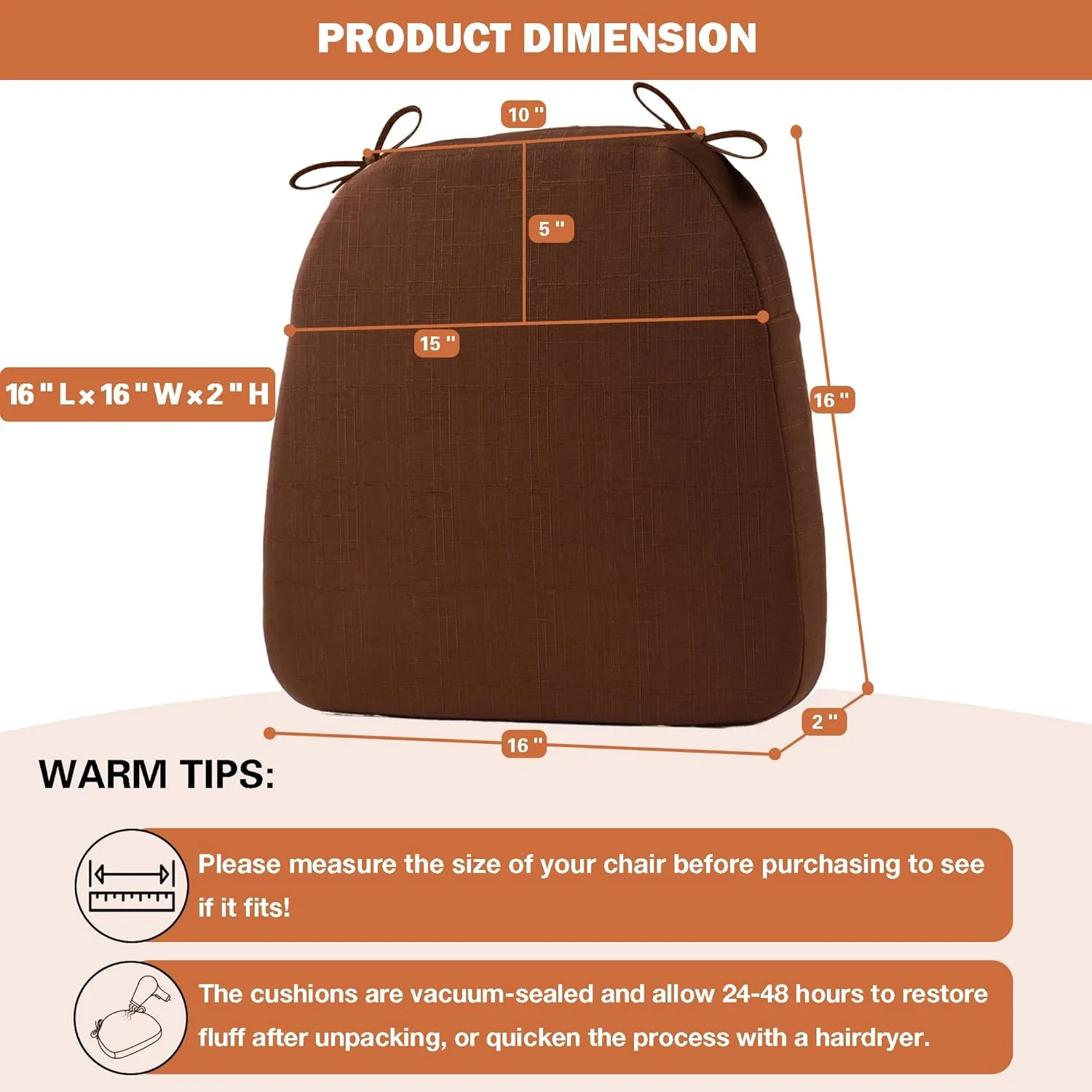Battilo Chair Cushions for Dining Chairs with Ties, Kitchen Chair Pad with Non-Slip Backing and Removable Cover, Indoor/Outdoor Dining Seat Cushion, 16"x16"x2", Set of 4, Brown
