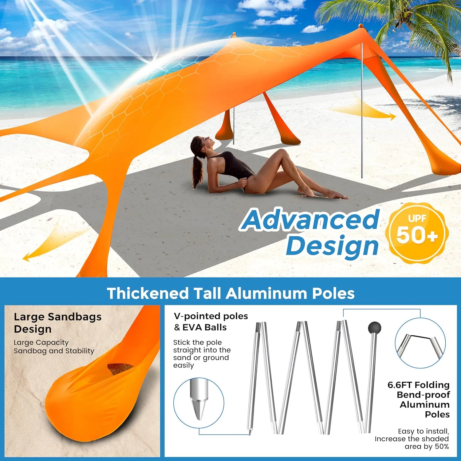 Beach Canopy Beach Tent Pop Up Shade 10x10ft Sun Shelter UPF50  with 8 Sandbags-2 Sand Shovel-4 Aluminum Poles-Ground Pegs-Portable Carrying Bag for Outdoor Family Camping Fishing Yard Picnic