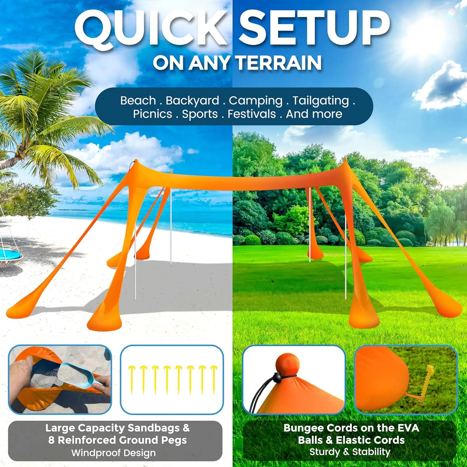 Beach Canopy Beach Tent Pop Up Shade 10x10ft Sun Shelter UPF50  with 8 Sandbags-2 Sand Shovel-4 Aluminum Poles-Ground Pegs-Portable Carrying Bag for Outdoor Family Camping Fishing Yard Picnic