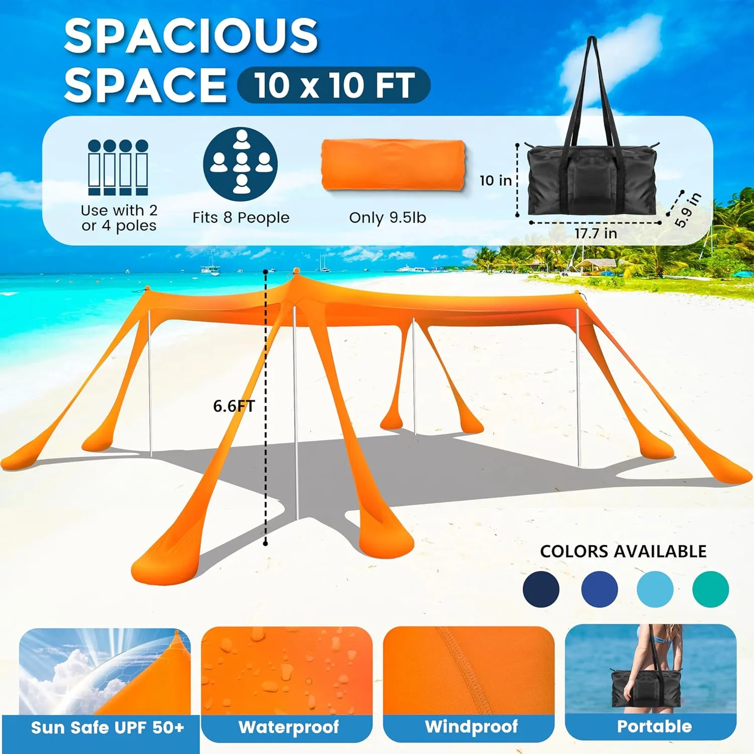 Beach Canopy Beach Tent Pop Up Shade 10x10ft Sun Shelter UPF50  with 8 Sandbags-2 Sand Shovel-4 Aluminum Poles-Ground Pegs-Portable Carrying Bag for Outdoor Family Camping Fishing Yard Picnic
