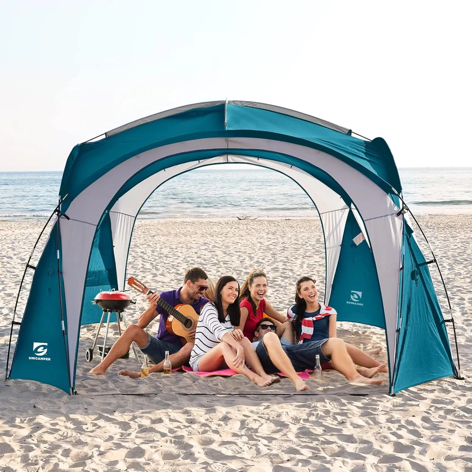 Beach Tent 12 X 12ft Large UPF50  Pop Up Canopy with 2-Pcs Side Wall, Sun Shelter Rainproof, Waterproof for Camping Trips, Backyard Fun, Fishing, Parties, Or Picnics(Ocean Blue)
