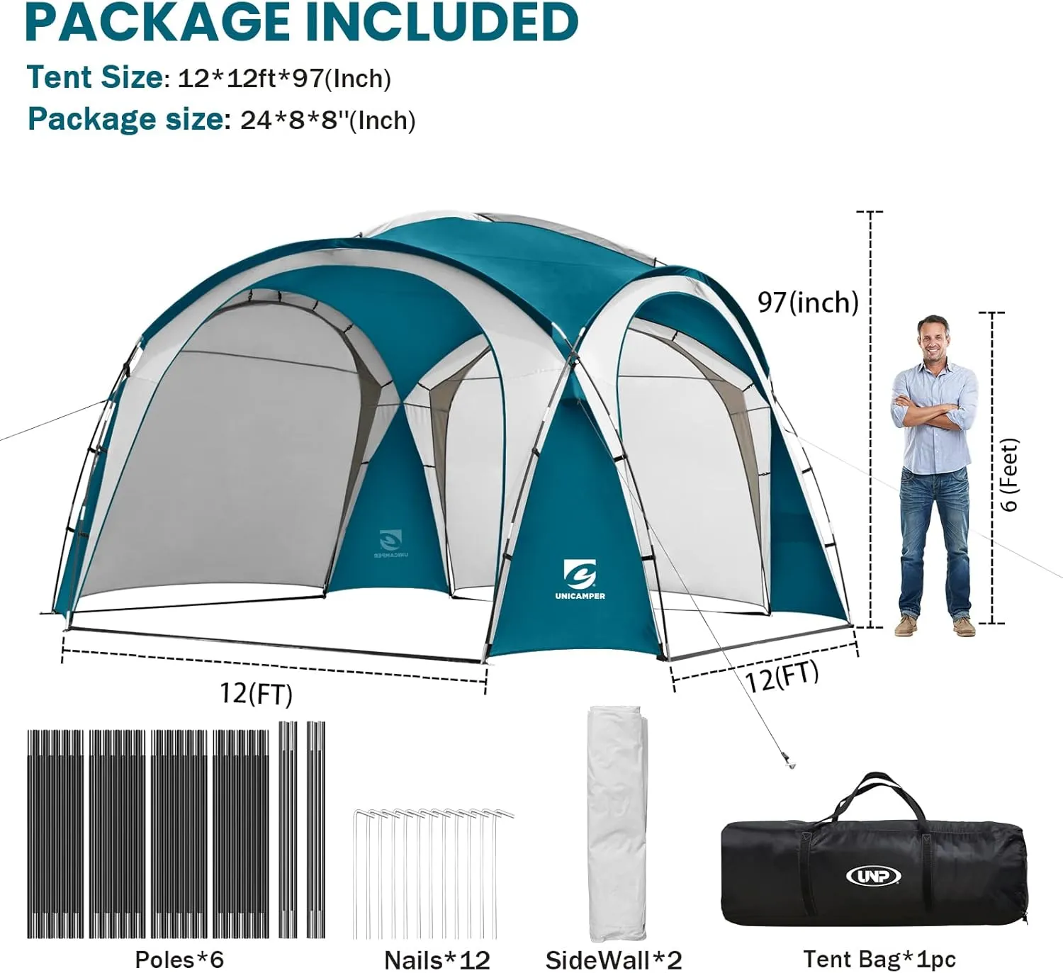Beach Tent 12 X 12ft Large UPF50  Pop Up Canopy with 2-Pcs Side Wall, Sun Shelter Rainproof, Waterproof for Camping Trips, Backyard Fun, Fishing, Parties, Or Picnics(Ocean Blue)
