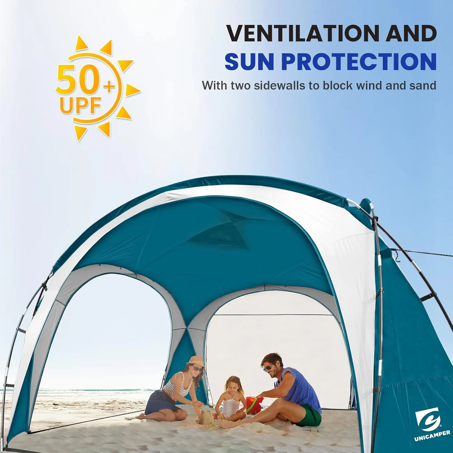 Beach Tent 12 X 12ft Large UPF50  Pop Up Canopy with 2-Pcs Side Wall, Sun Shelter Rainproof, Waterproof for Camping Trips, Backyard Fun, Fishing, Parties, Or Picnics(Ocean Blue)