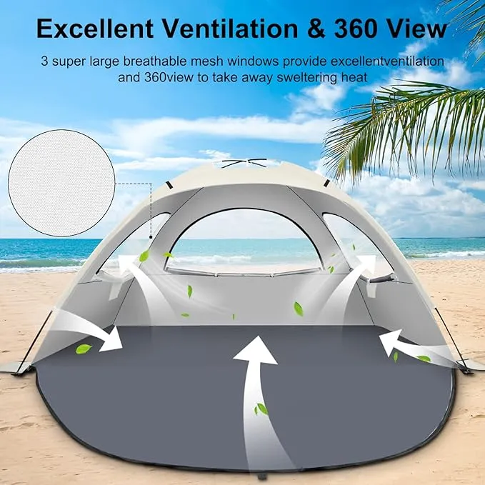 Beach Tent Sun Shelter for 3-4/5-6Person, Lightweight Beach Tent with UV Protection, 3 Mesh Roll Up Windows & 8.0mm Fiberglass, Easy Assemble