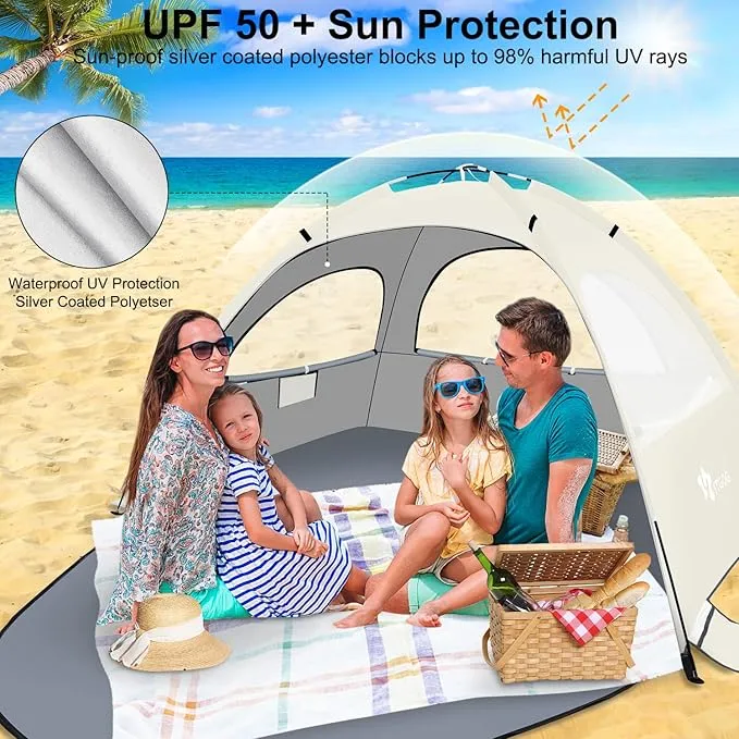 Beach Tent Sun Shelter for 3-4/5-6Person, Lightweight Beach Tent with UV Protection, 3 Mesh Roll Up Windows & 8.0mm Fiberglass, Easy Assemble