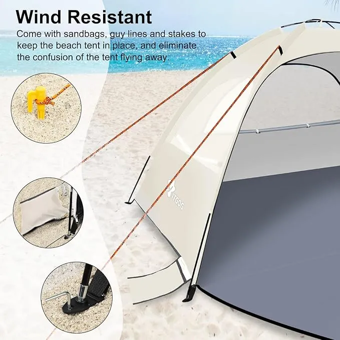 Beach Tent Sun Shelter for 3-4/5-6Person, Lightweight Beach Tent with UV Protection, 3 Mesh Roll Up Windows & 8.0mm Fiberglass, Easy Assemble