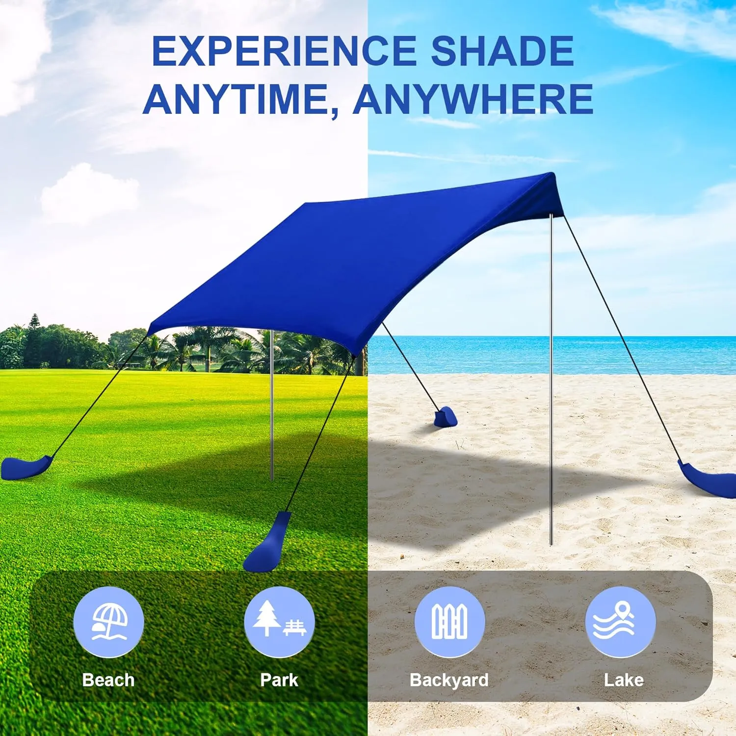 Beach Tent Sun Shelter UPF50  with Sandbags, Sand Shovel & Windproof Poles - Portable Pop Up Canopy for Beach, Camping, Picnics, Backyard & Fishing (Royal Blue,6.9x6.5FT)