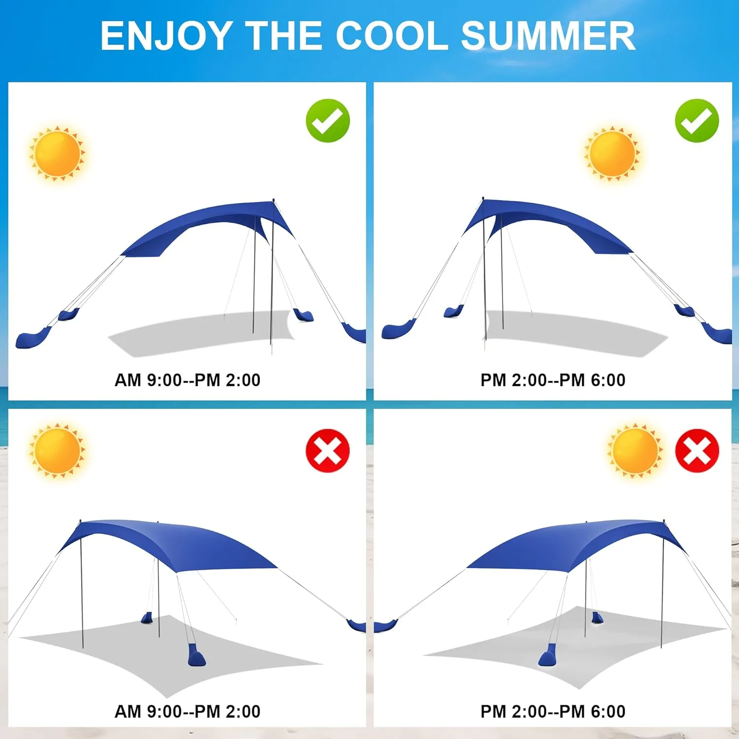 Beach Tent Sun Shelter UPF50  with Sandbags, Sand Shovel & Windproof Poles - Portable Pop Up Canopy for Beach, Camping, Picnics, Backyard & Fishing (Royal Blue,6.9x6.5FT)
