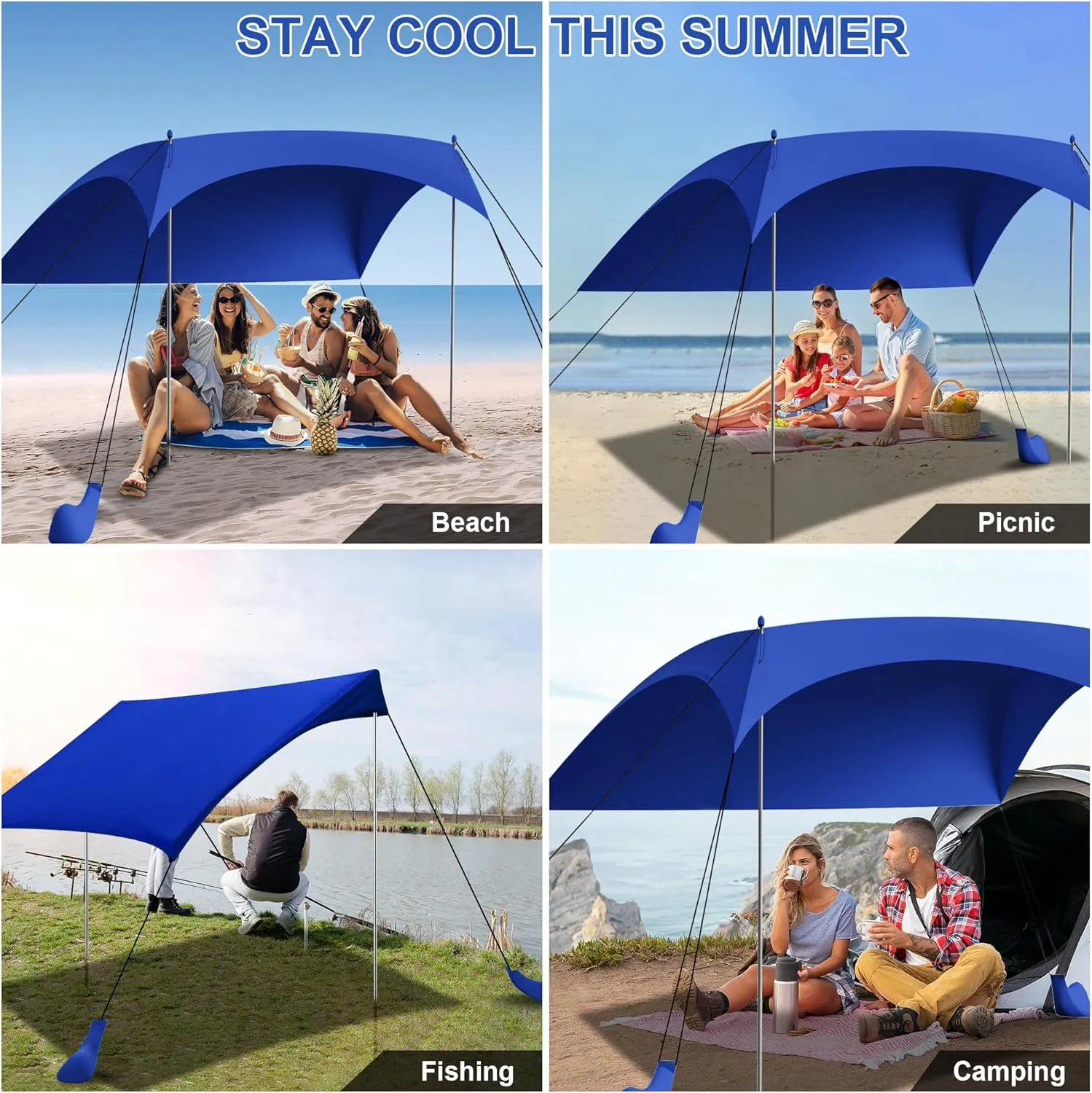 Beach Tent Sun Shelter UPF50  with Sandbags, Sand Shovel & Windproof Poles - Portable Pop Up Canopy for Beach, Camping, Picnics, Backyard & Fishing (Royal Blue,6.9x6.5FT)