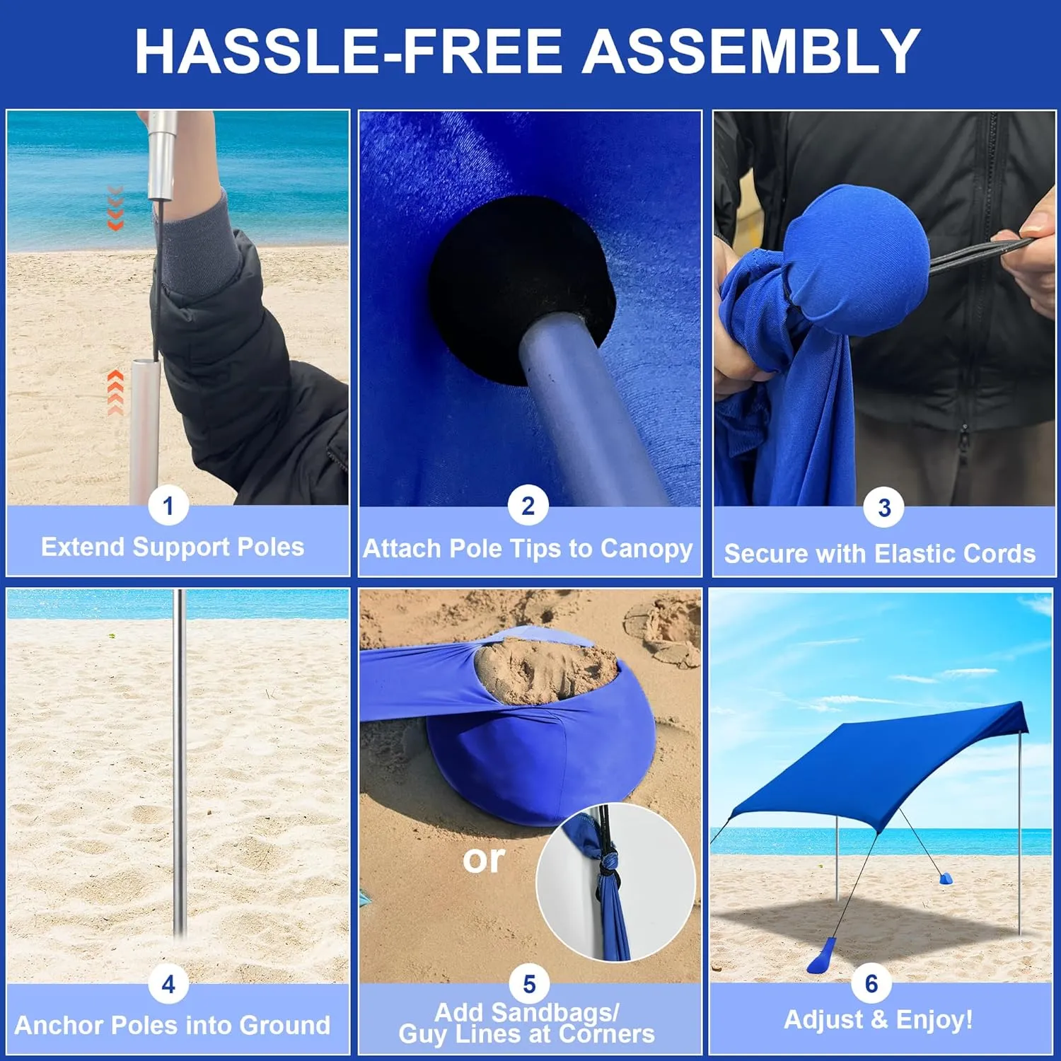 Beach Tent Sun Shelter UPF50  with Sandbags, Sand Shovel & Windproof Poles - Portable Pop Up Canopy for Beach, Camping, Picnics, Backyard & Fishing (Royal Blue,6.9x6.5FT)