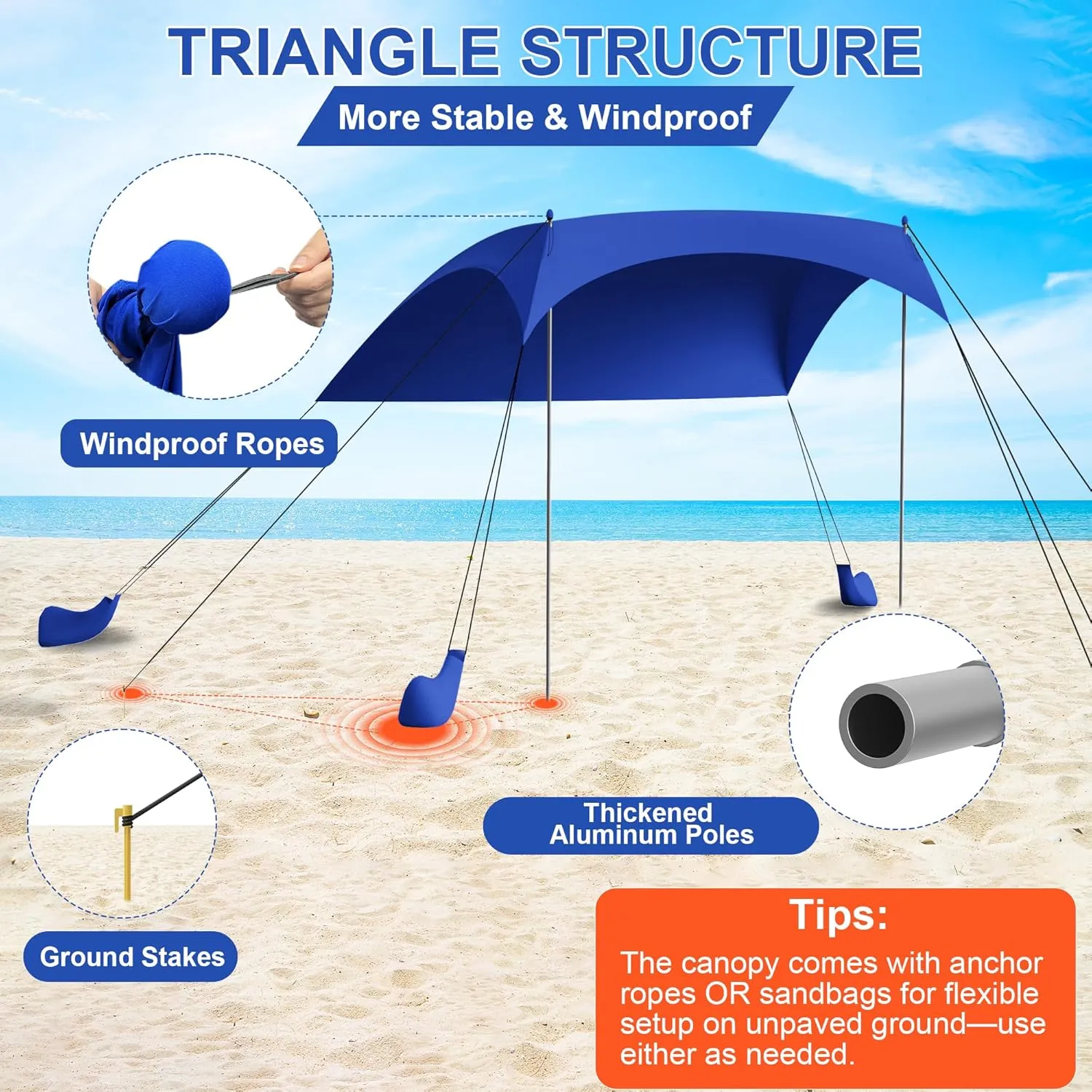Beach Tent Sun Shelter UPF50  with Sandbags, Sand Shovel & Windproof Poles - Portable Pop Up Canopy for Beach, Camping, Picnics, Backyard & Fishing (Royal Blue,6.9x6.5FT)