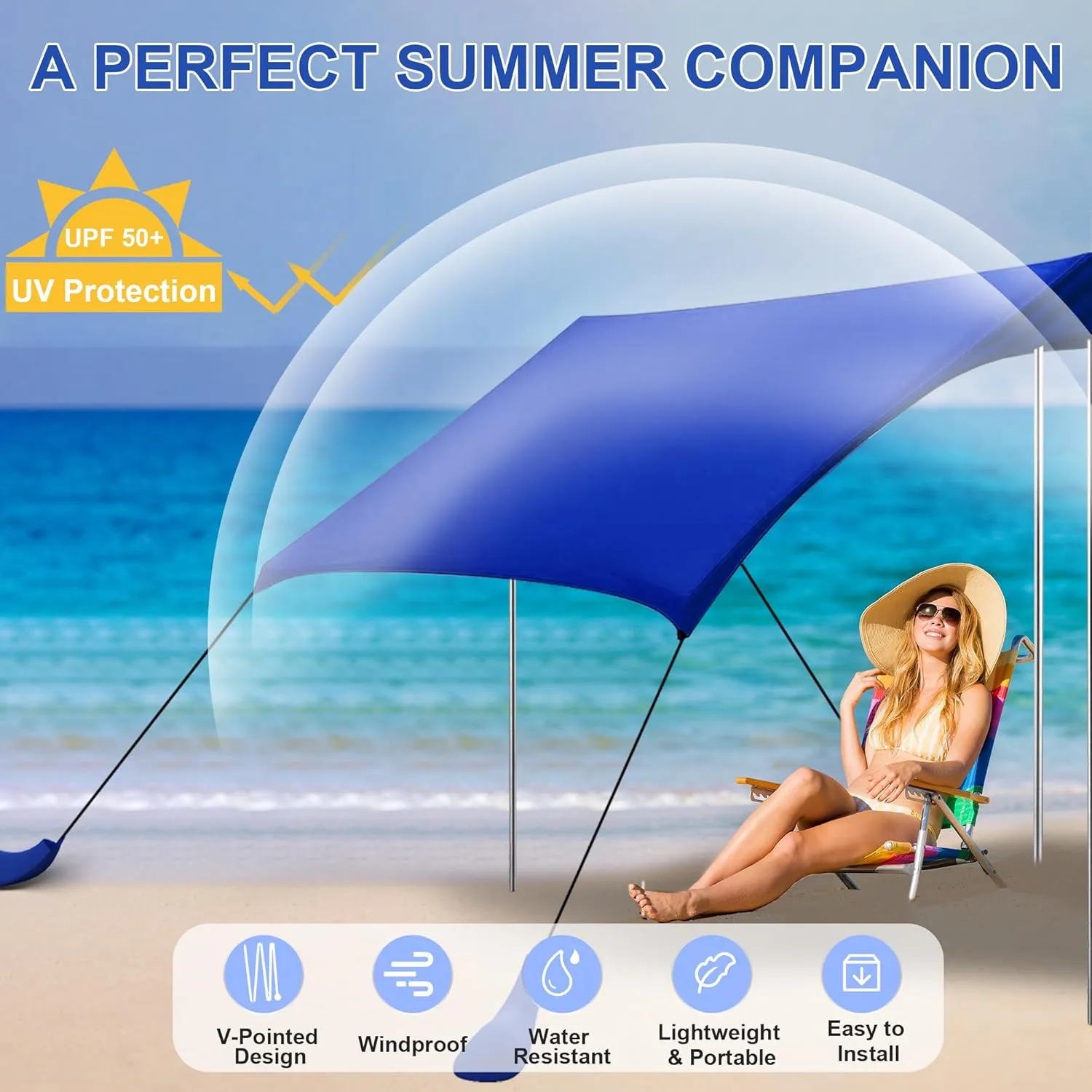 Beach Tent Sun Shelter UPF50  with Sandbags, Sand Shovel & Windproof Poles - Portable Pop Up Canopy for Beach, Camping, Picnics, Backyard & Fishing (Royal Blue,6.9x6.5FT)
