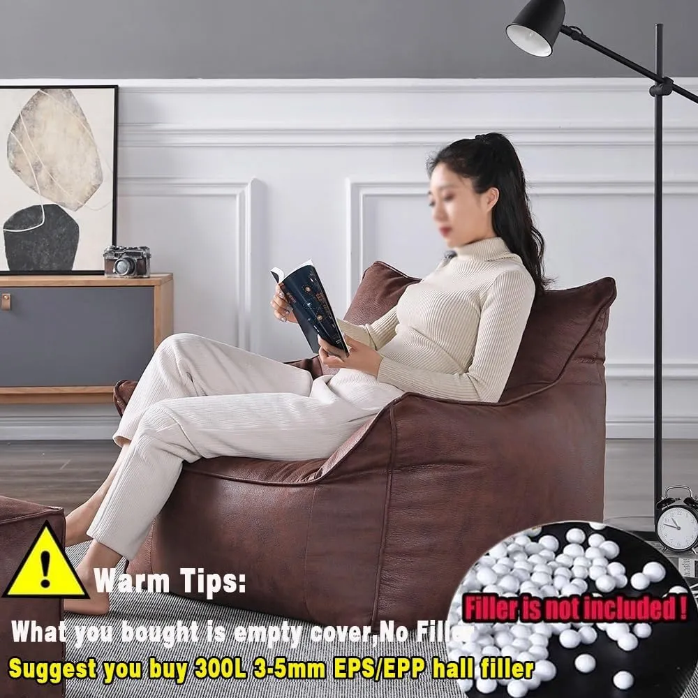 Bean Bag Chair Bean Bag Cover （No Filler） Luxury Single Lazy Sofa Cover PU Faux Suede Leather Bean Bag Pouf Chair for Bedroom Living Room Garden, Bean Bag Cover (Color : Retro Grey)